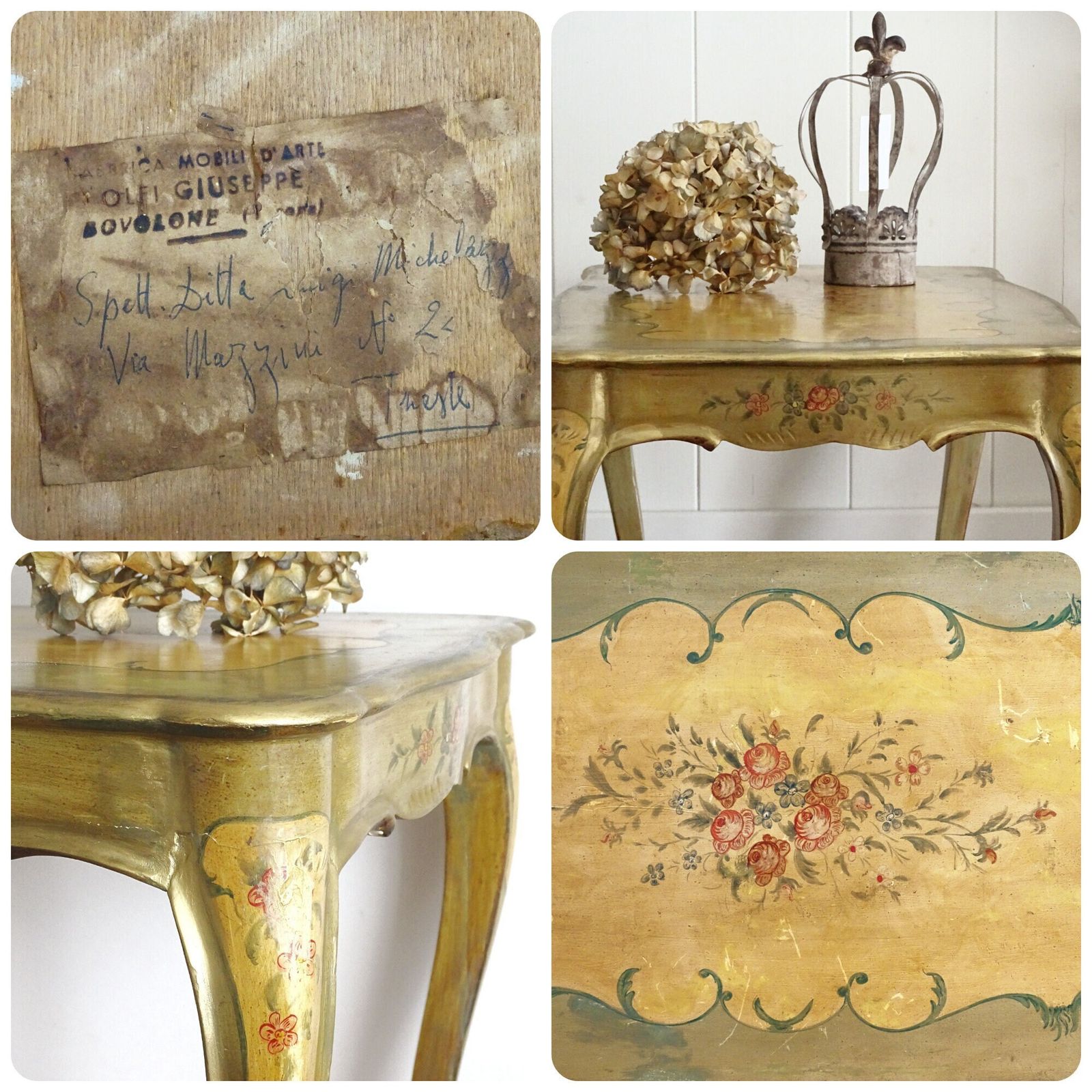 photo furniture Olive Green Wood Coffee Table, Curved Legs, Hand Painted Floral Design, Shabby Chic