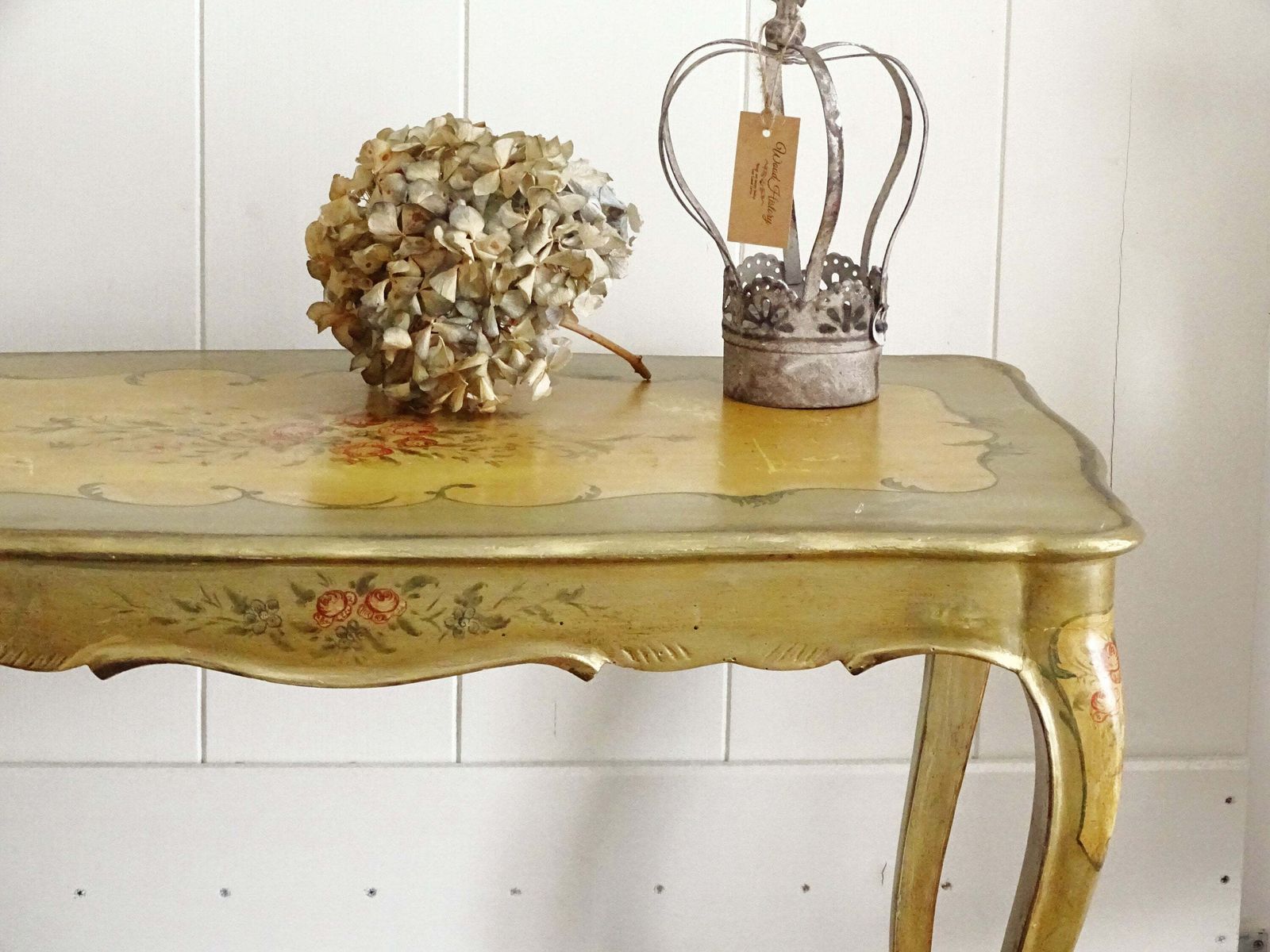 photo for sale Olive Green Wood Coffee Table, Curved Legs, Hand Painted Floral Design, Shabby Chic