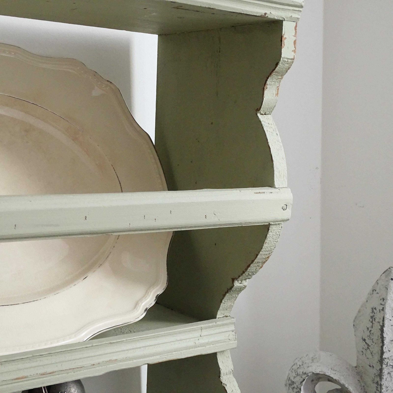 Green French Wood 3 Tier Plate Rack: Shabby Chic Farmhouse Display photo furniture