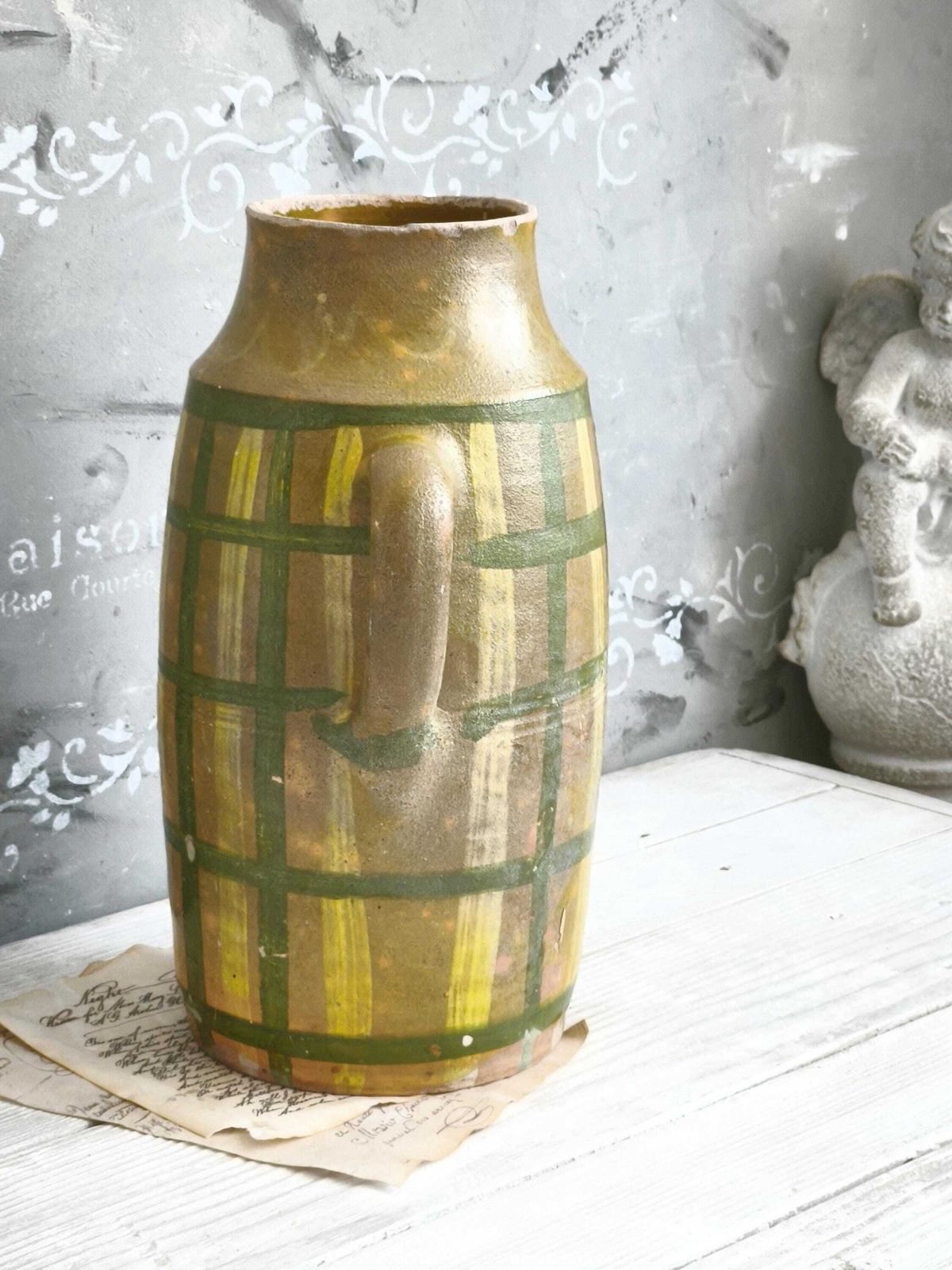 Antique French Stoneware Vase Green Yellow Stripes: Hand Painted Pottery, Farmhouse Decor photo 109.0