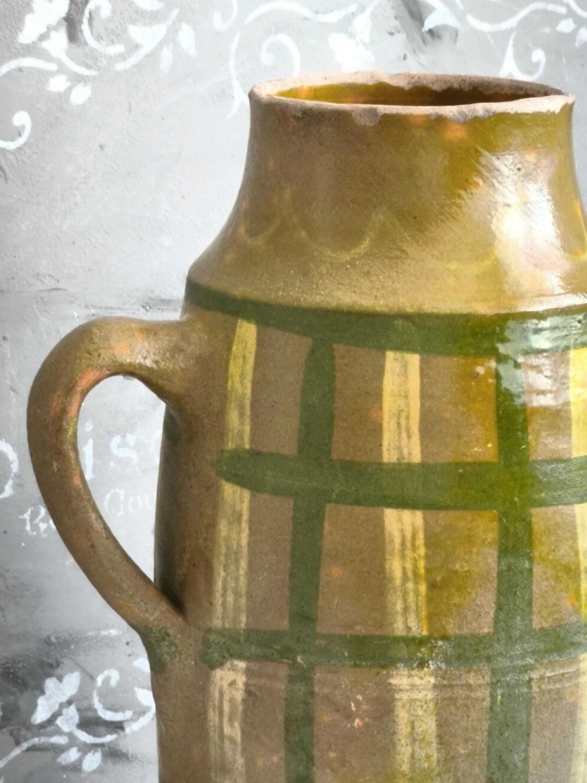 Antique French Stoneware Vase Green Yellow Stripes: Hand Painted Pottery, Farmhouse Decor photo vintage