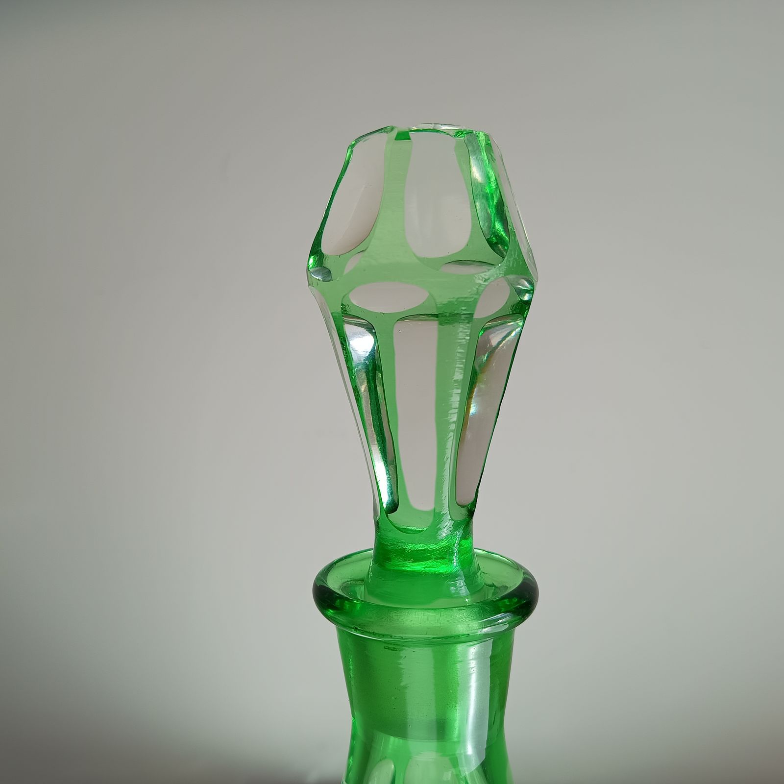 Vintage Bohemia Cut Glass Liqueur Carafe With Stopper Emerald Green Cut To Clear photo for sale