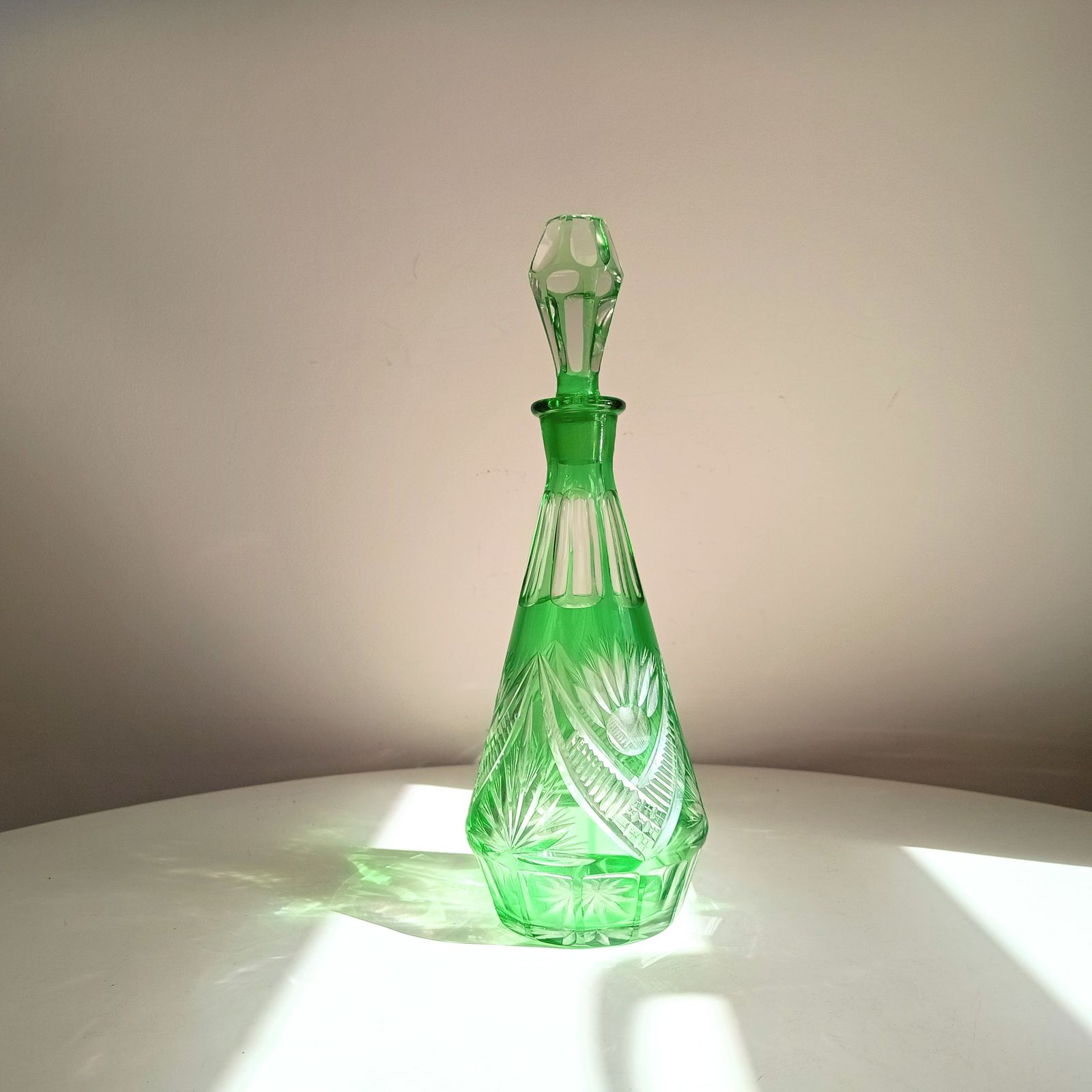 Vintage Bohemia Cut Glass Liqueur Carafe With Stopper Emerald Green Cut To Clear photo vinterior
