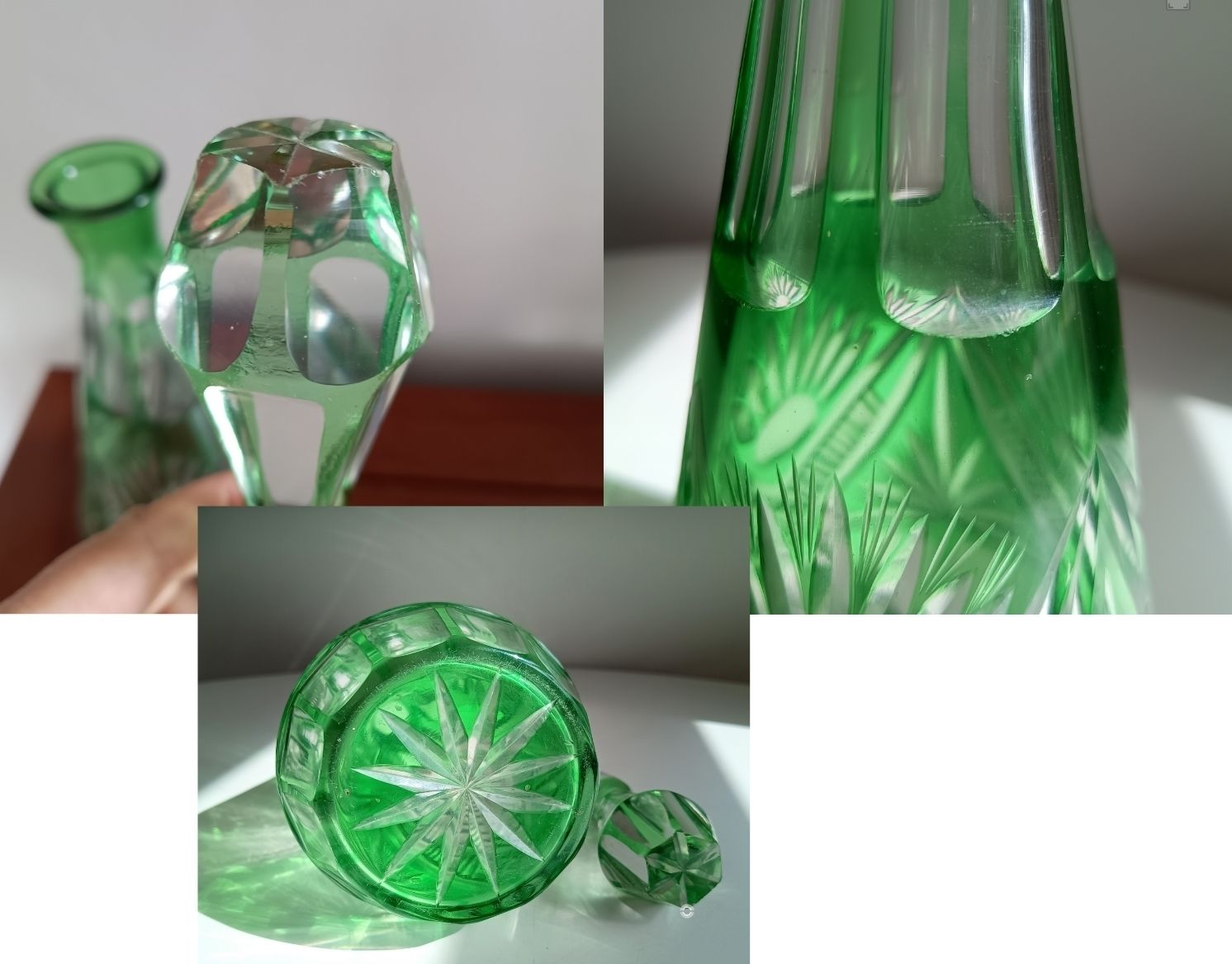 Vintage Bohemia Cut Glass Liqueur Carafe With Stopper Emerald Green Cut To Clear photo vintage