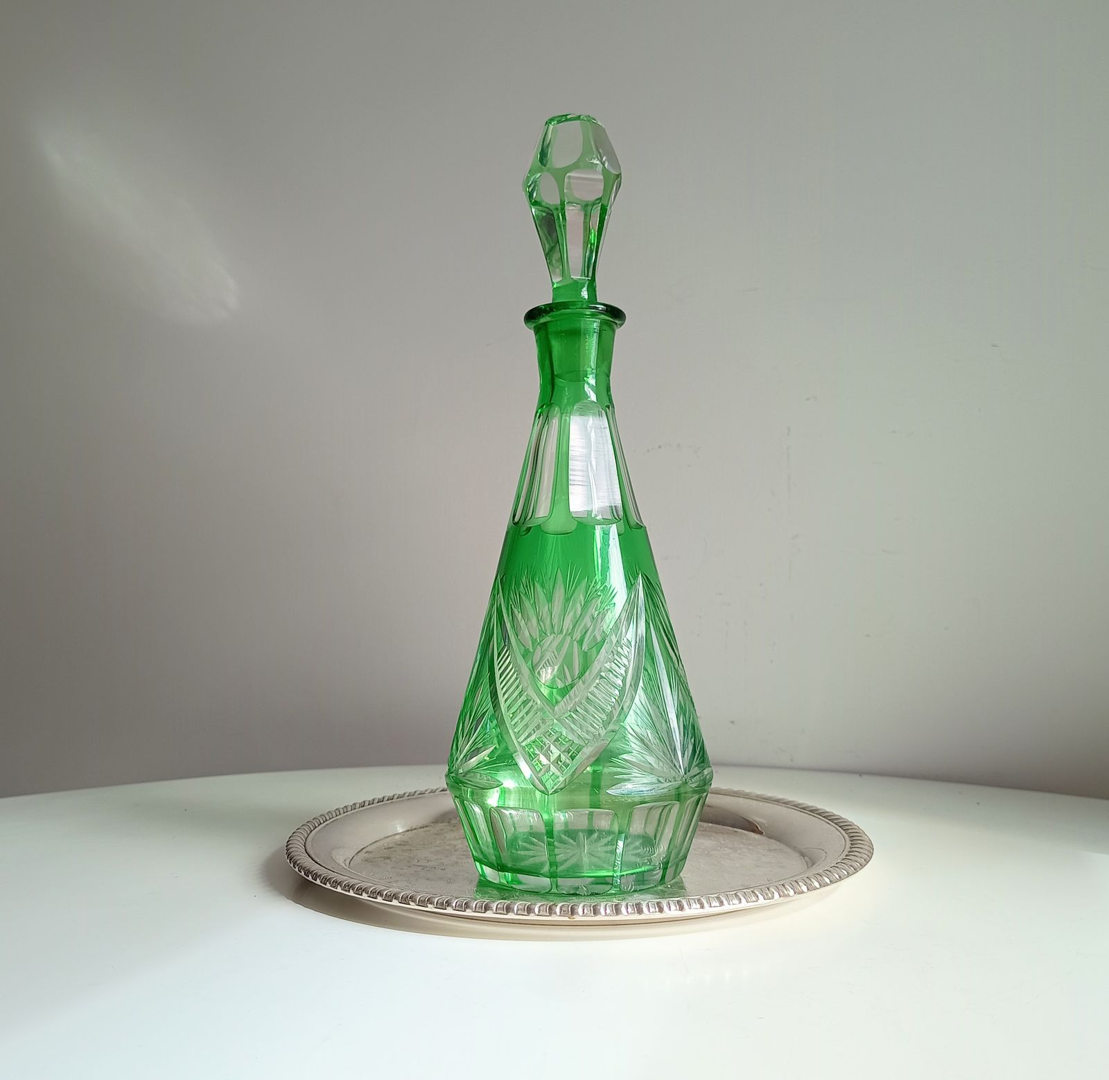 Vintage Bohemia Cut Glass Liqueur Carafe With Stopper Emerald Green Cut To Clear photo Home Decor