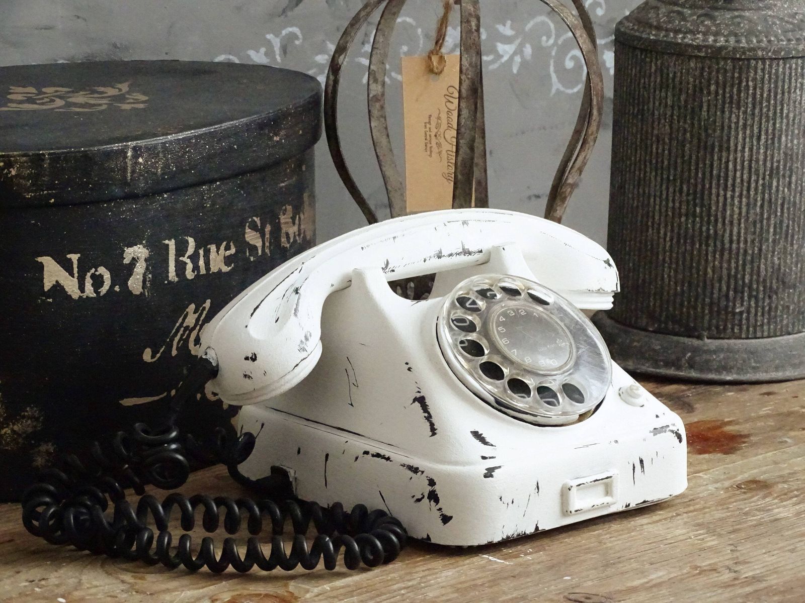 White Bakelite Rotary Telephone: Distressed Mcm Office Decor