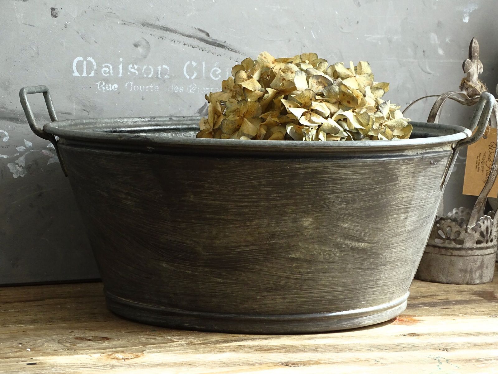 Vintage French Galvanized Zinc Bucket: Large Farmhouse Planter photo buy