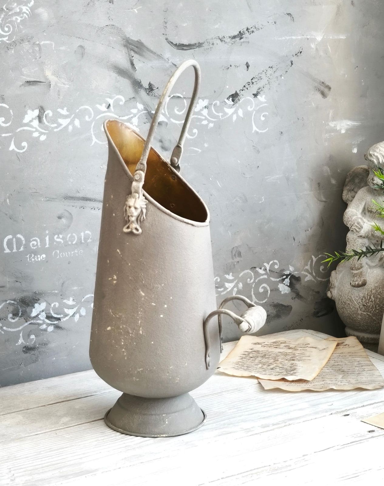Brass Ash Scuttle Faux Concrete Lion Head, Metal Pitcher Vase, Distressed Coal Ash Bucket, Gray Shabby Chic Metal Planter, Fireplace Decor photo furniture