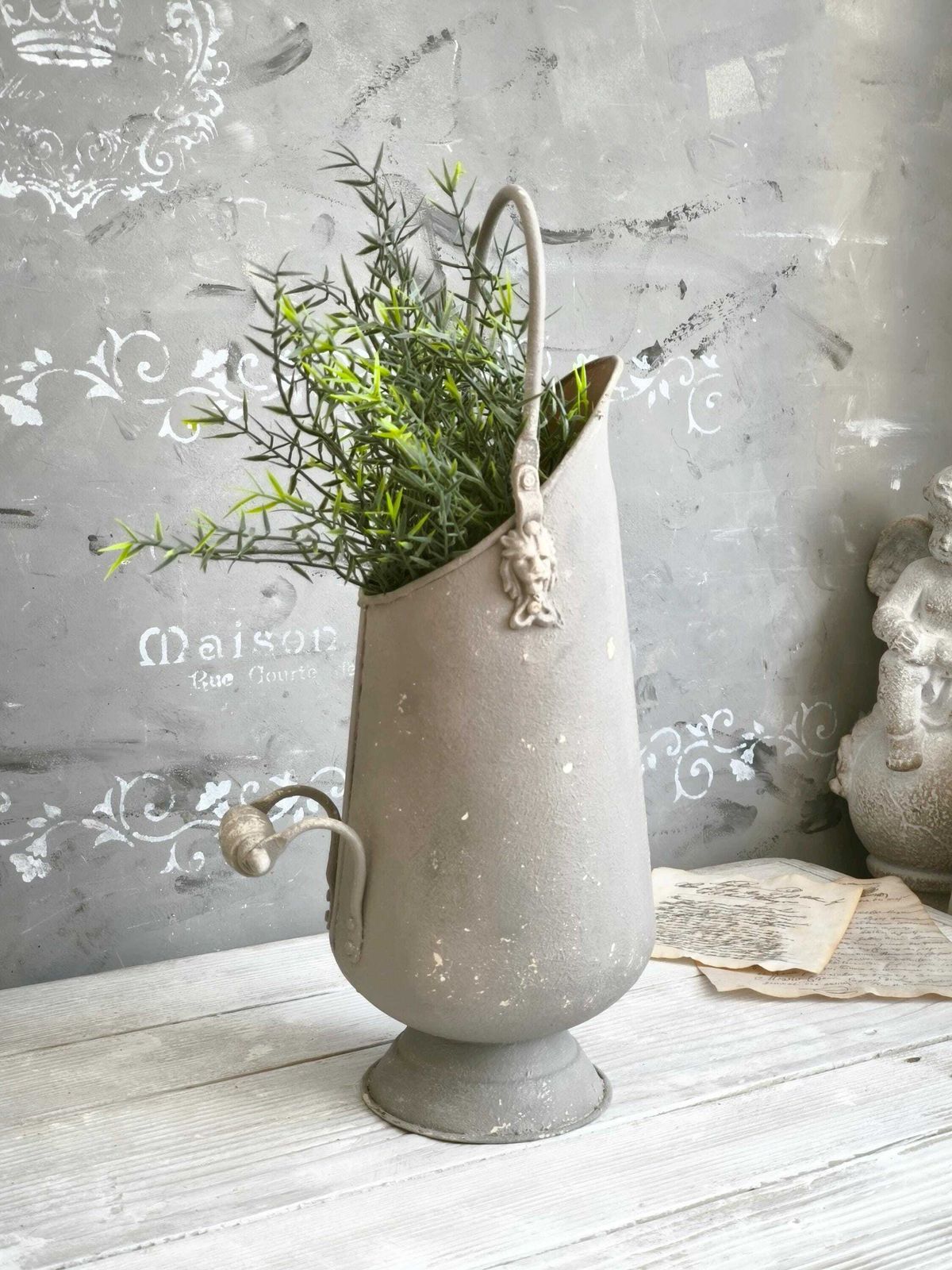 Brass Ash Scuttle Faux Concrete Lion Head, Metal Pitcher Vase, Distressed Coal Ash Bucket, Gray Shabby Chic Metal Planter, Fireplace Decor