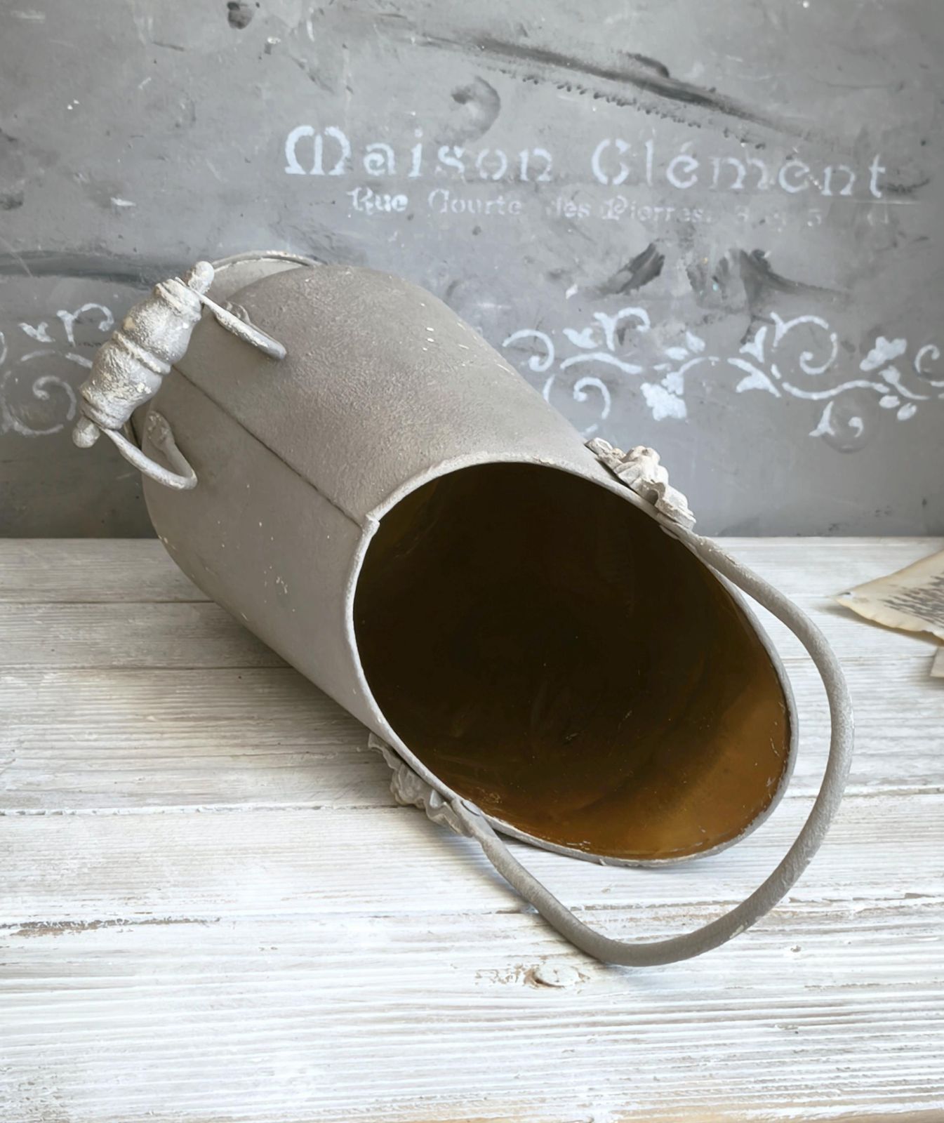 Brass Ash Scuttle Faux Concrete Lion Head, Metal Pitcher Vase, Distressed Coal Ash Bucket, Gray Shabby Chic Metal Planter, Fireplace Decor photo vintage