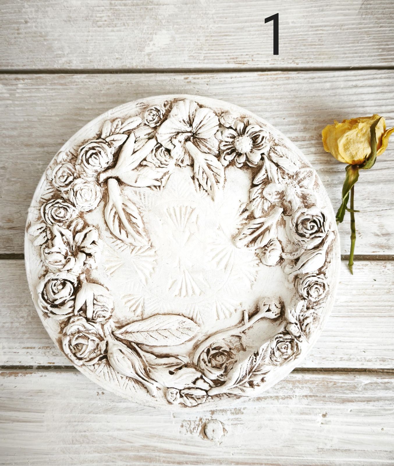 Shabby Chic Floral Wall Plaque: Aged Wood, Textured White Flowers photo vintage