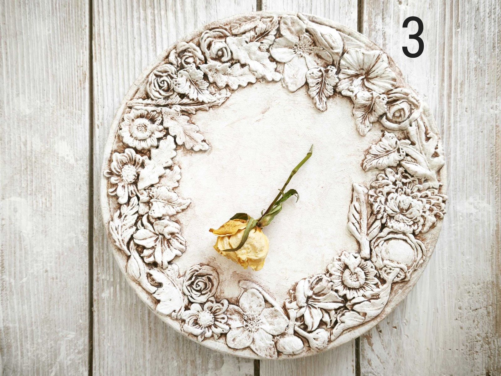 photo for sale Shabby Chic Floral Wall Plaque: Aged Wood, Textured White Flowers
