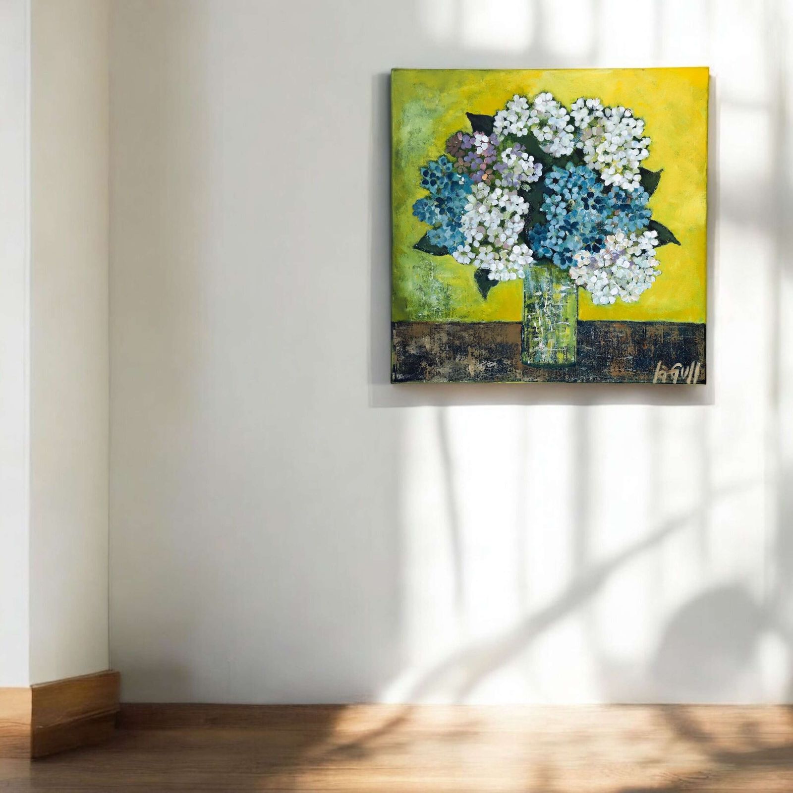 French 1976 Hydrangea Still Life Oil Painting – Contemporary Floral Elegance photo furniture