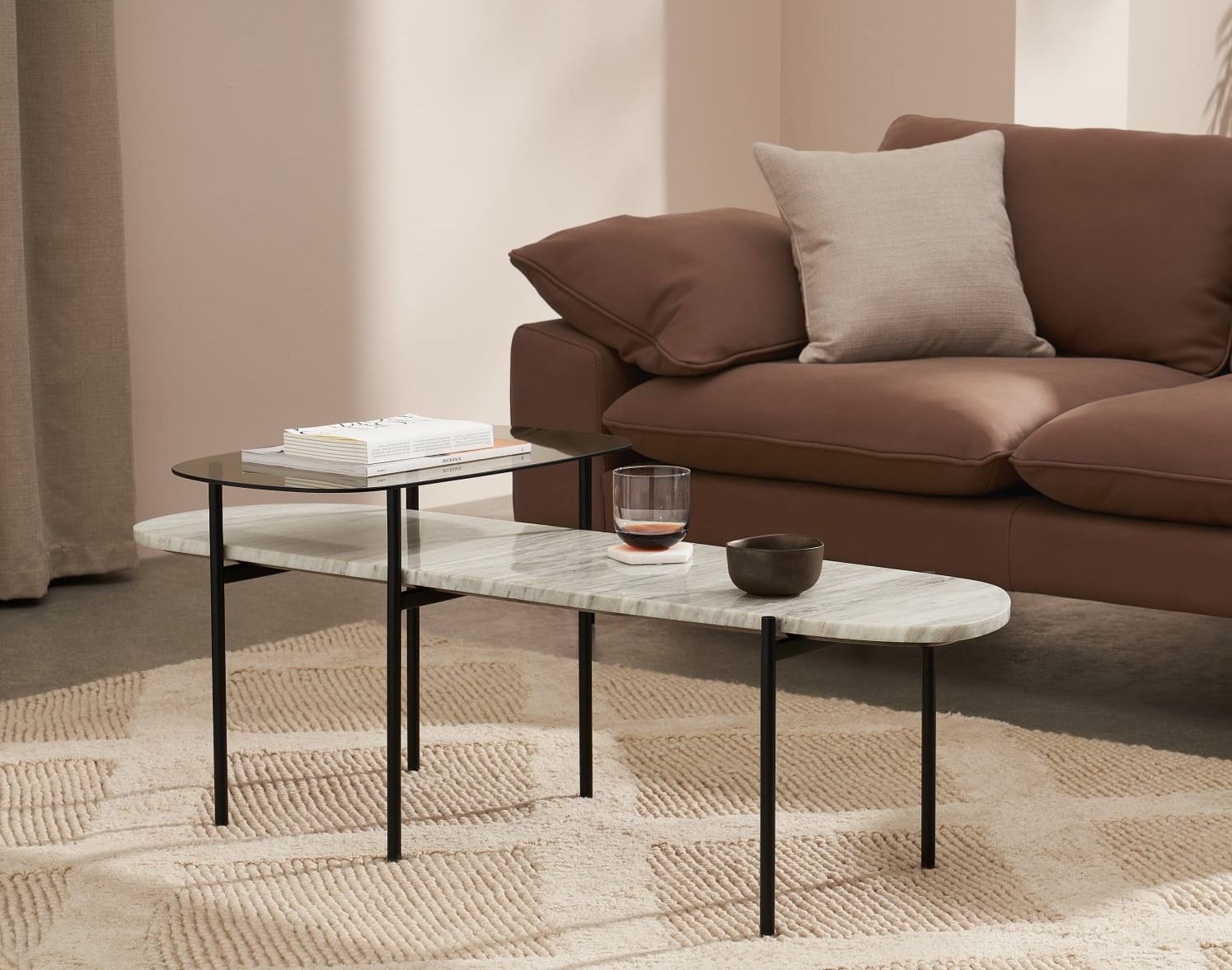 Made.Com Tiziana Nesting Coffee Table, Caramel Marble & Amber Glass photo furniture