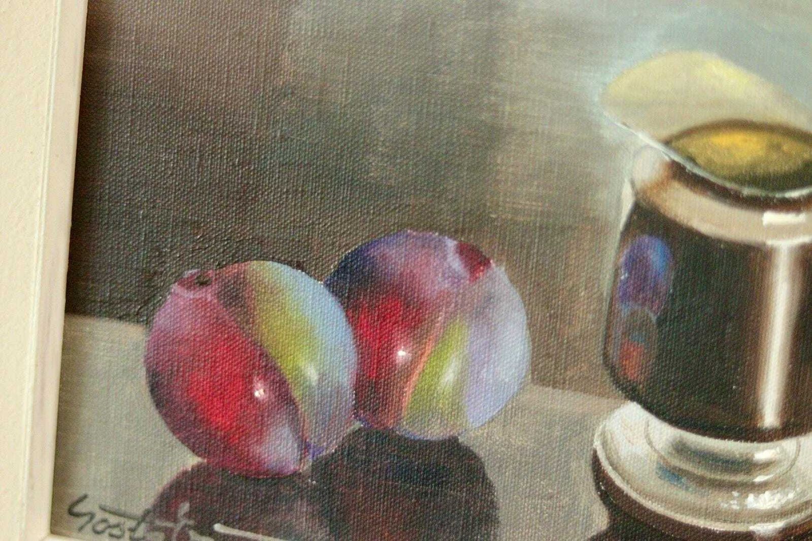 Original Mid Century  Swedish Oil On Canvas "Still Life With Plums And Jug"By Gösta Emming Vintage & Framed | 38 X 33 Cm (15 X 13 Inches) photo vinterior