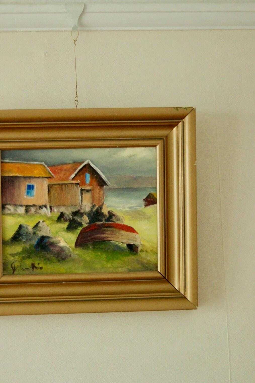 Original Vintage Swedish Oil On Canvas – House By The Water – Owe Svedin – Signed & Framed | 36 X 31 Cm (Approx. 14.2 X 12.2 Inches) photo Art