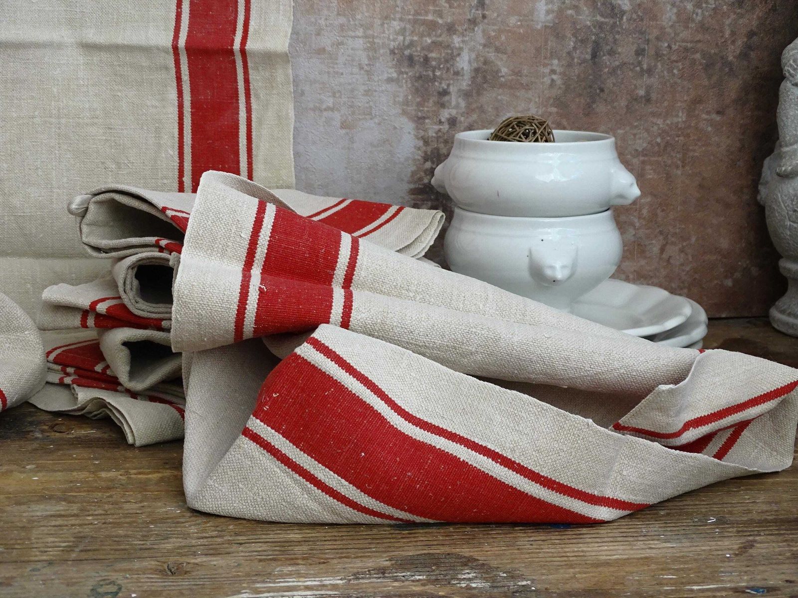 Set Of 2 Antique French Linen Tea Towels: Red Stripes, Unused 1900s Torchon photo for sale