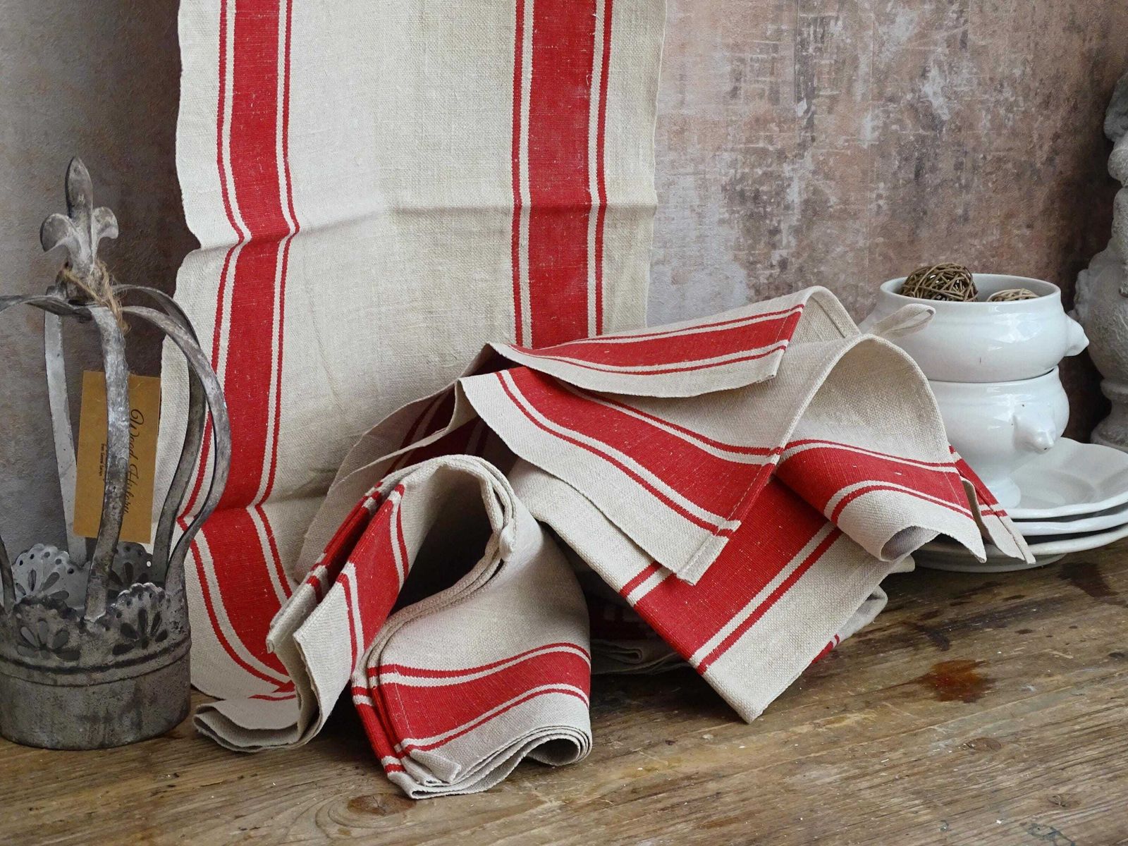 Set Of 2 Antique French Linen Tea Towels: Red Stripes, Unused 1900s Torchon photo Textiles