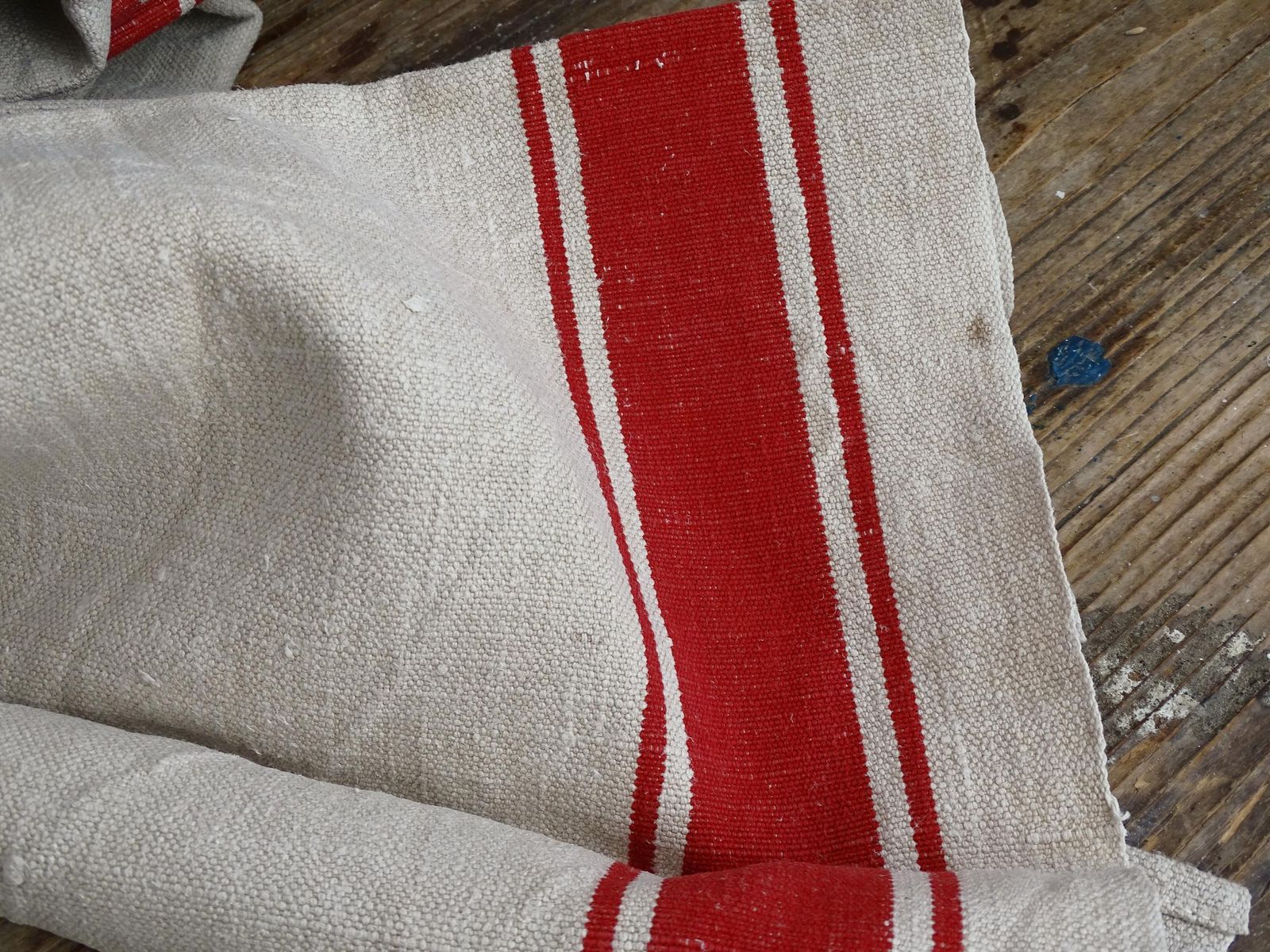 Set Of 2 Antique French Linen Tea Towels: Red Stripes, Unused 1900s Torchon photo vinterior