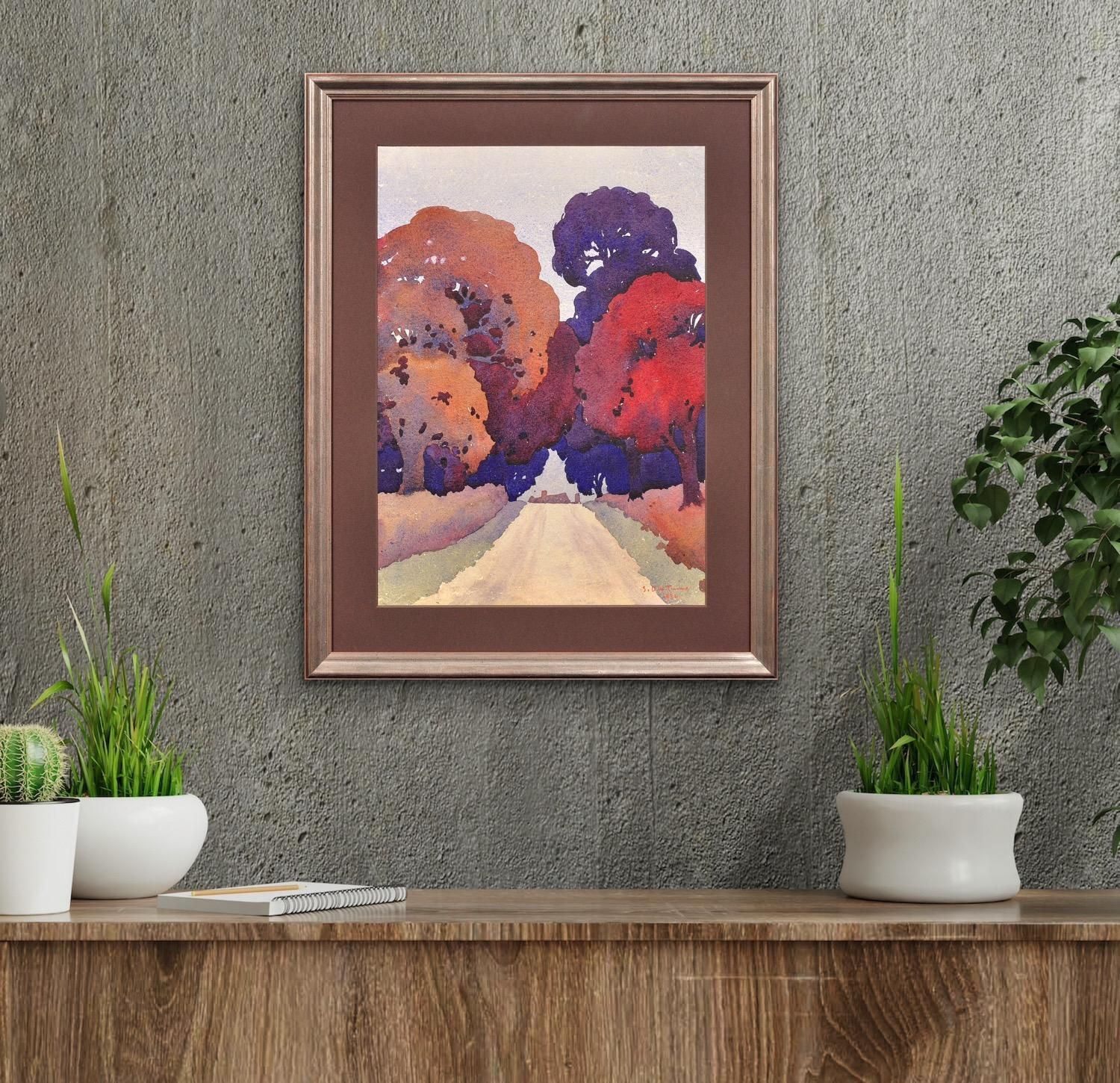 photo vintage Samuel Timmins 1900 To 1951 Art Deco Watercolour Painting The Road That Takes You Home Staffordshire Countryside Landscape 1932