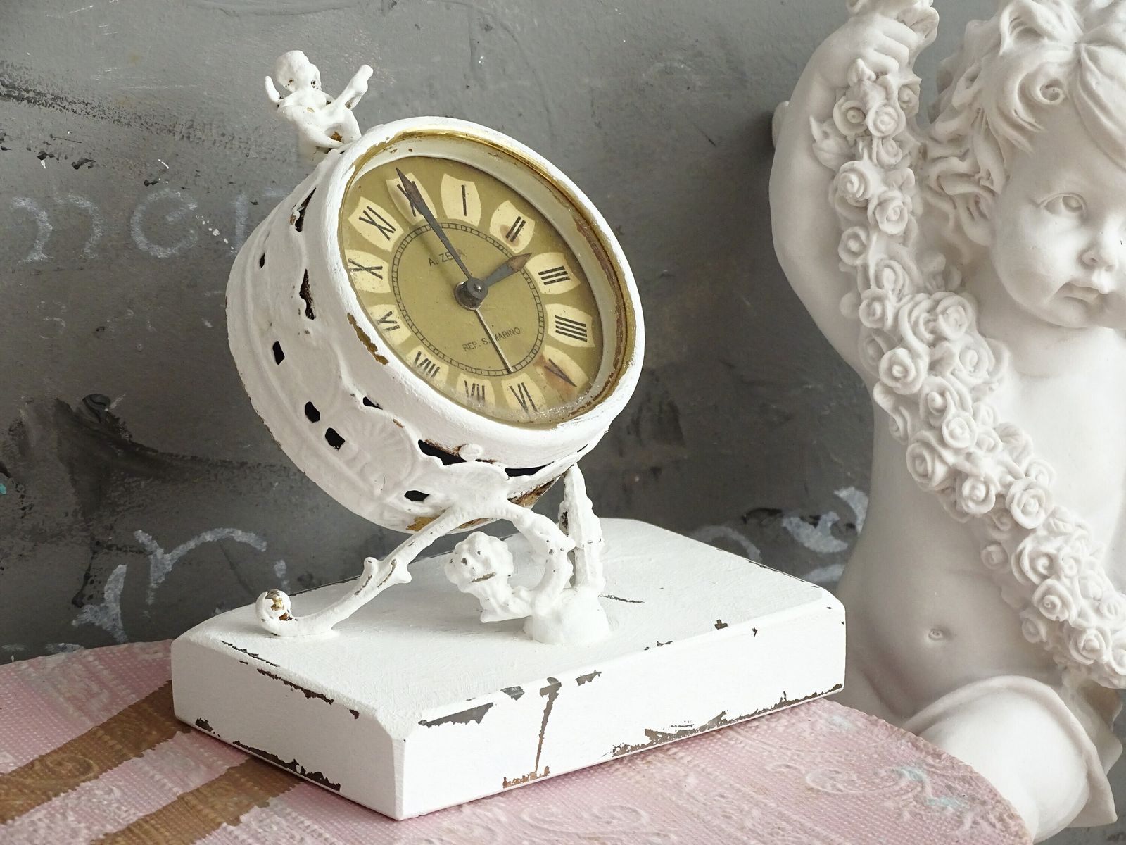 White Antique Cherub Table Clock: Tilted Rococo Metal Desk Decor photo buy