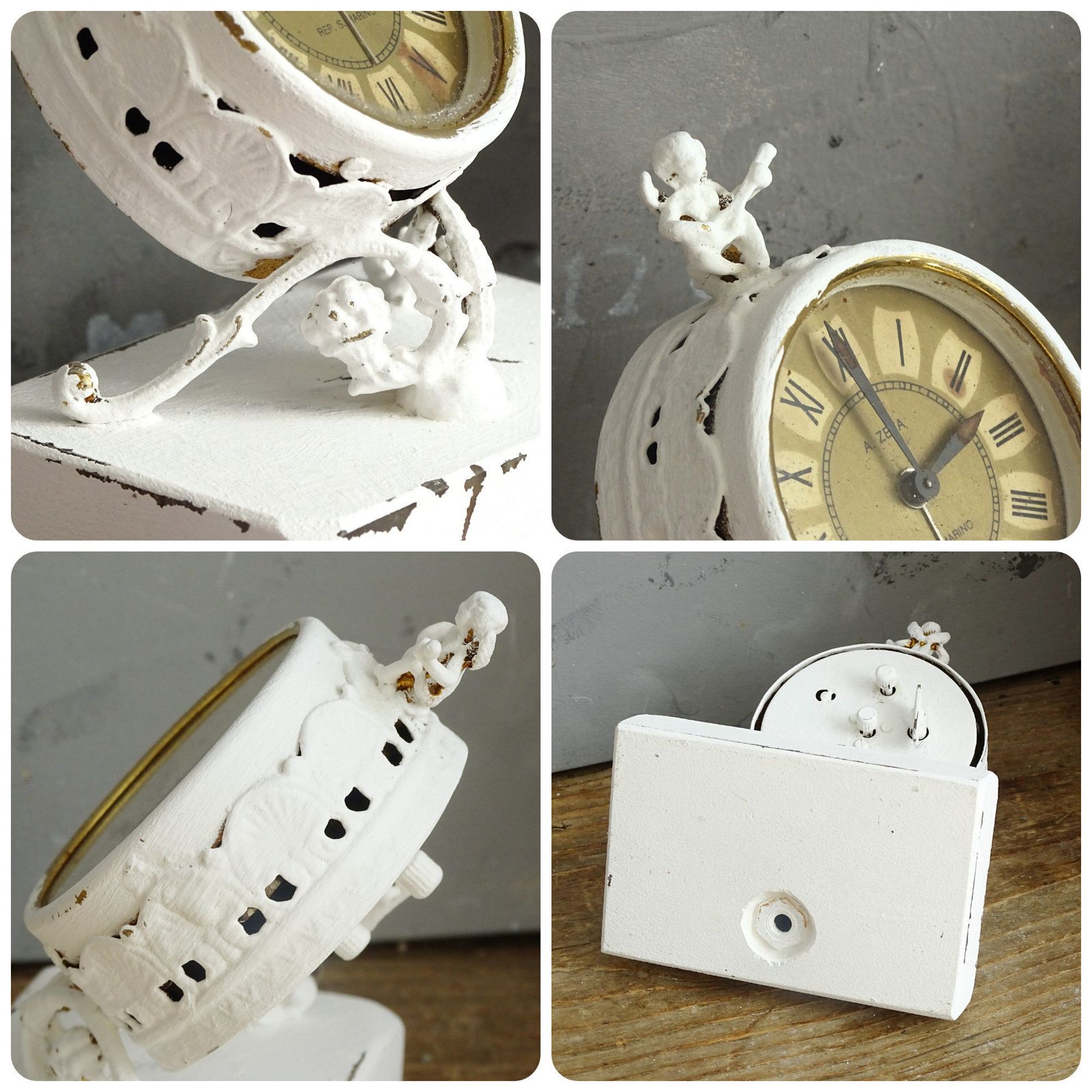 photo for sale White Antique Cherub Table Clock: Tilted Rococo Metal Desk Decor