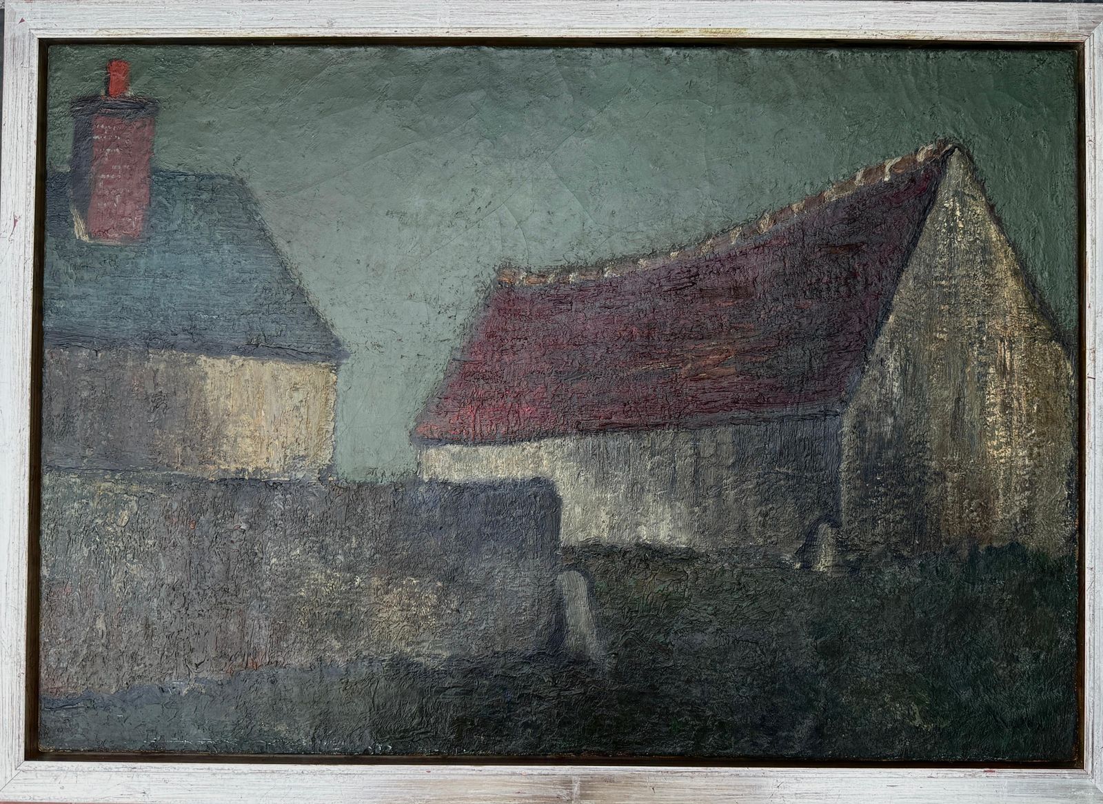 Francisco Sales Casas En El Crepúsculo – Olieverf Op Doek, Expresionistisch Landschap, Ca. 1950 photo furniture