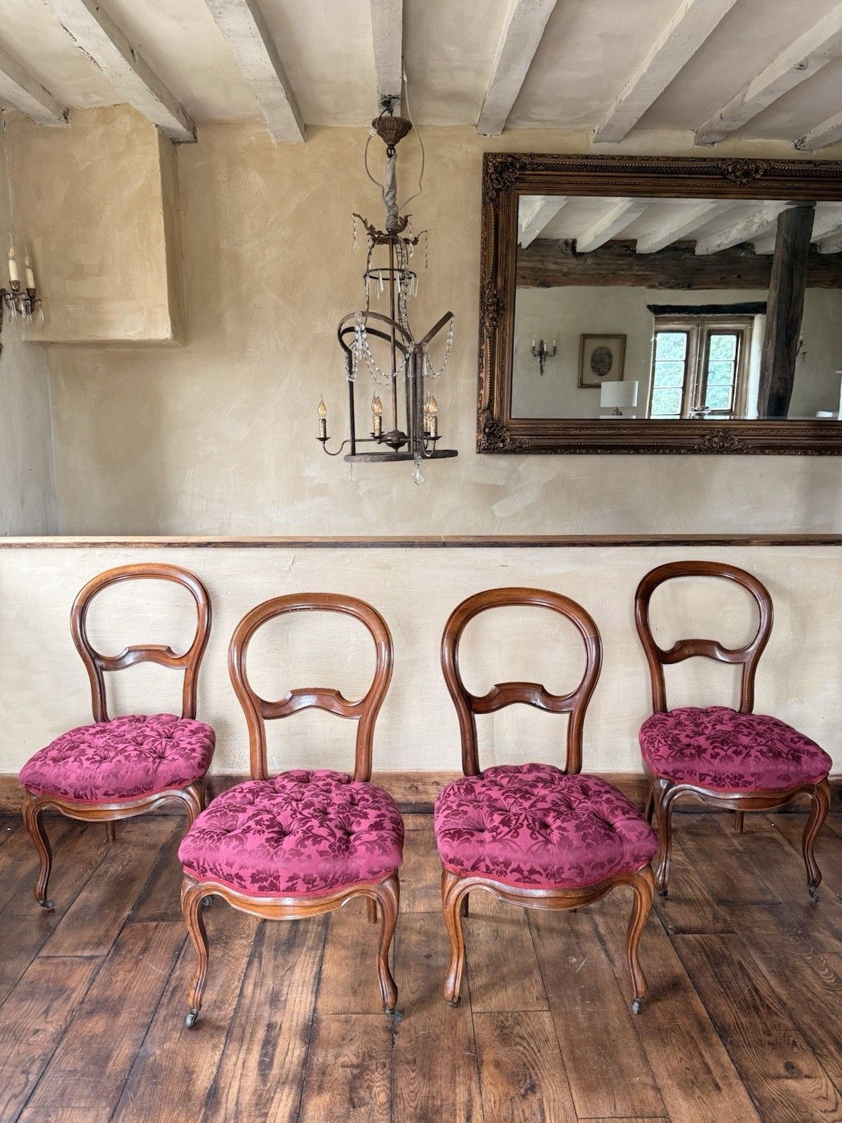 Antique Walnut Balloon Back  Victorian Magenta Purple Dining  Chairs Set 4 photo furniture