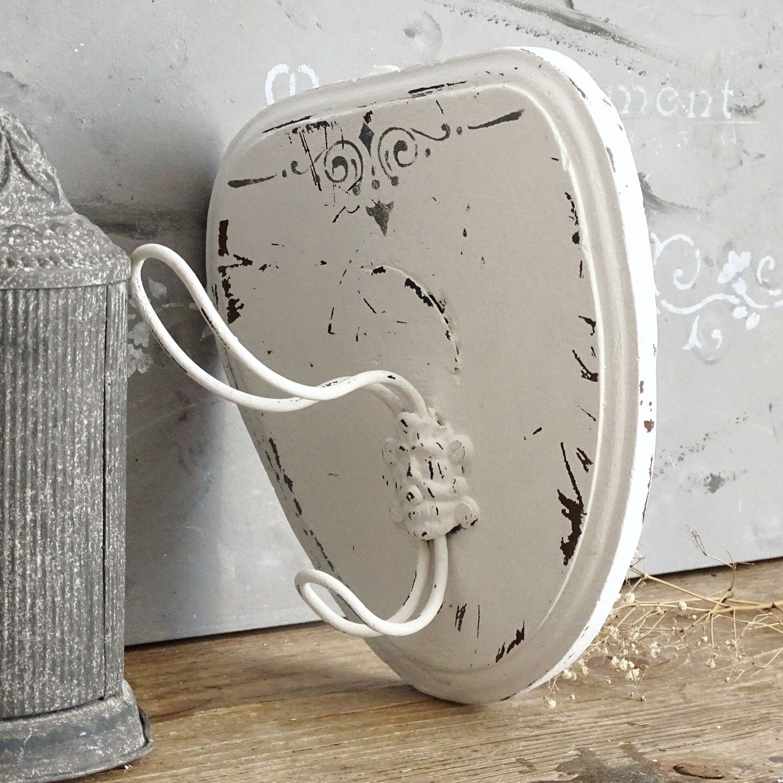 Antique White Wood Coat Hook: Shabby Chic Farmhouse Wall Hat Rack photo furniture