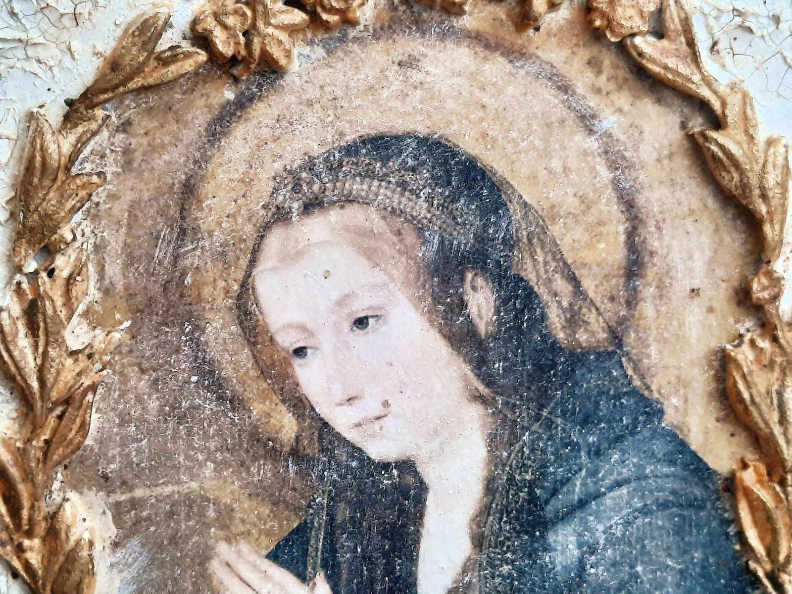 Art Virgin Mary Icon Plaque: Baroque Gold Frame, Shabby Chic Altar Decor photo