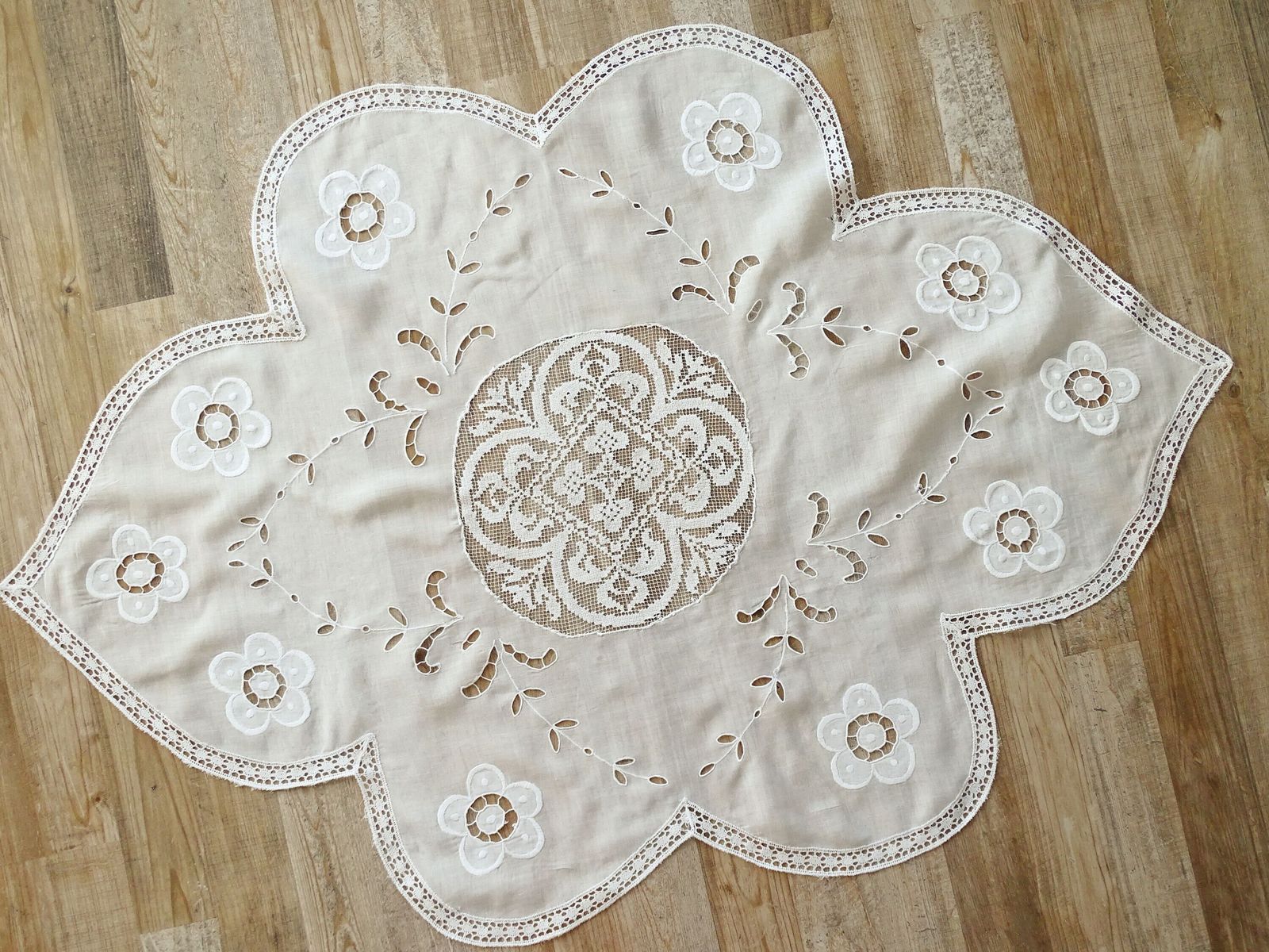 Antique Richelieu Lace Tablecloth: Hand Crochet Floral Embroidery, French Heirloom Linen photo Textiles