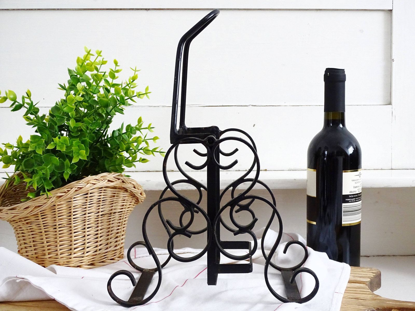 French Wrought Iron Wine Bottle Holder: Gothic Tabletop Barware photo for sale