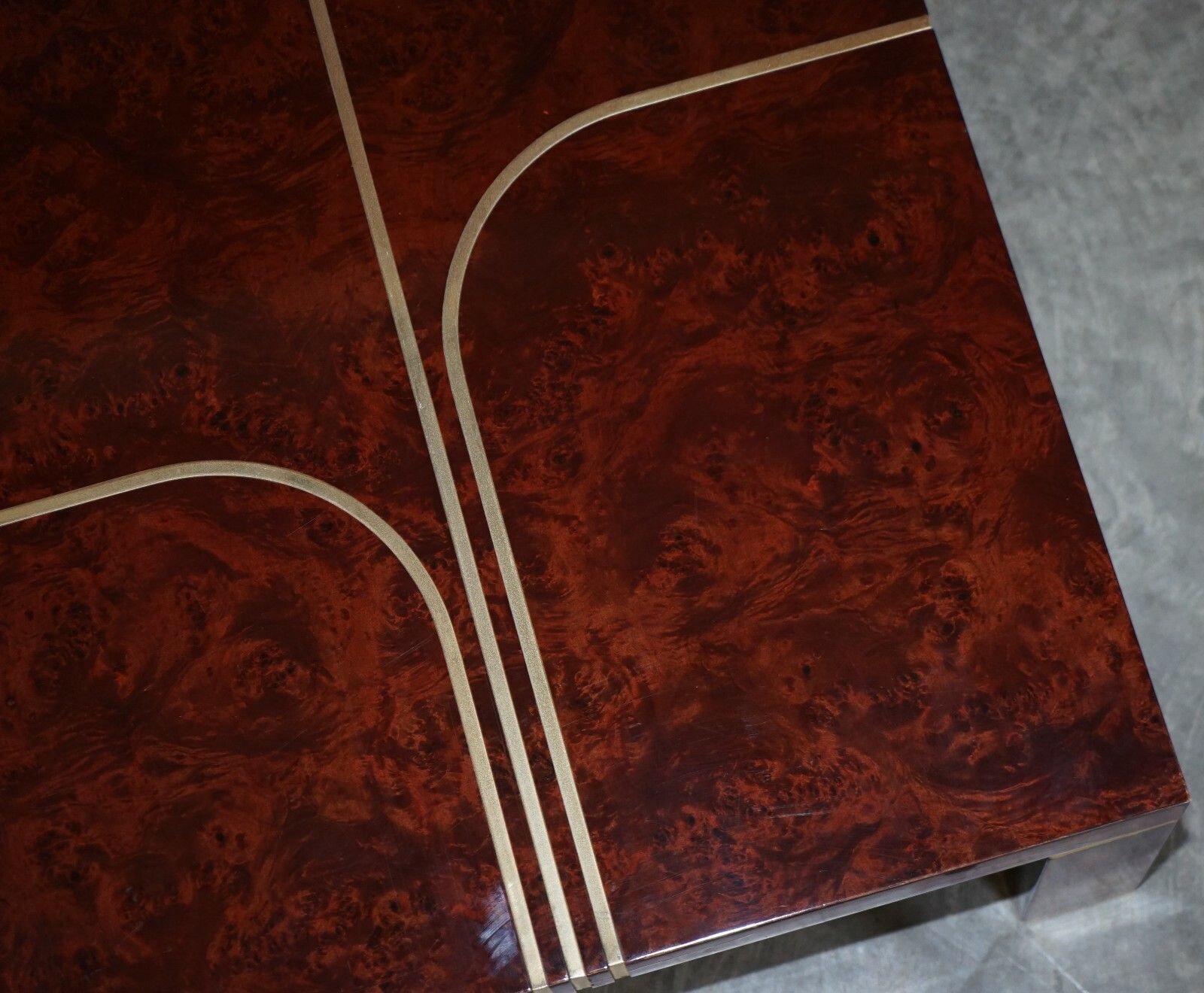 photo for sale Stunning Contemporary Art Modern Burr Walnut, Brass Inaly Coffee Cocktail Table