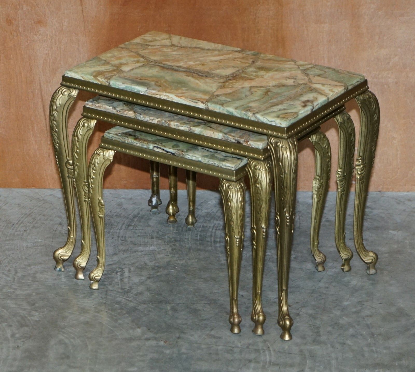 Lovely Nest Of Three Brass & Onyx Vintage Circa 1940's French Lamp Wine Tables photo furniture