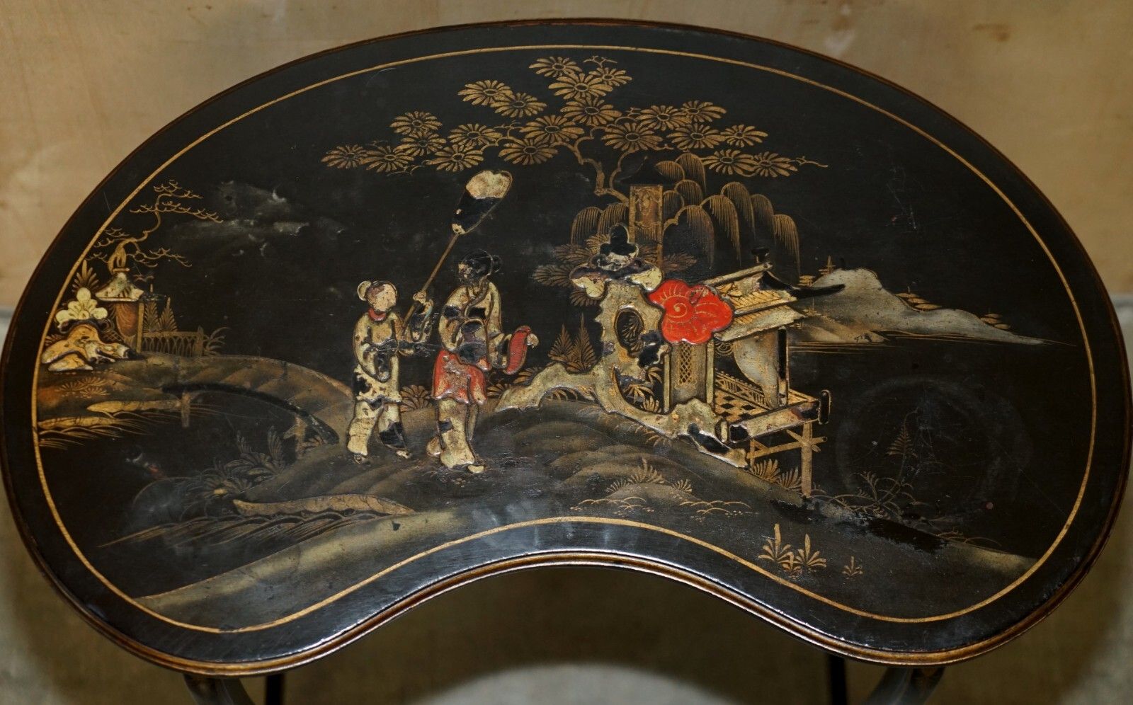 Nest Of Three Circa 1900 Chinese Chinoiserie Lacqurered Side Kidney Tables photo vintage
