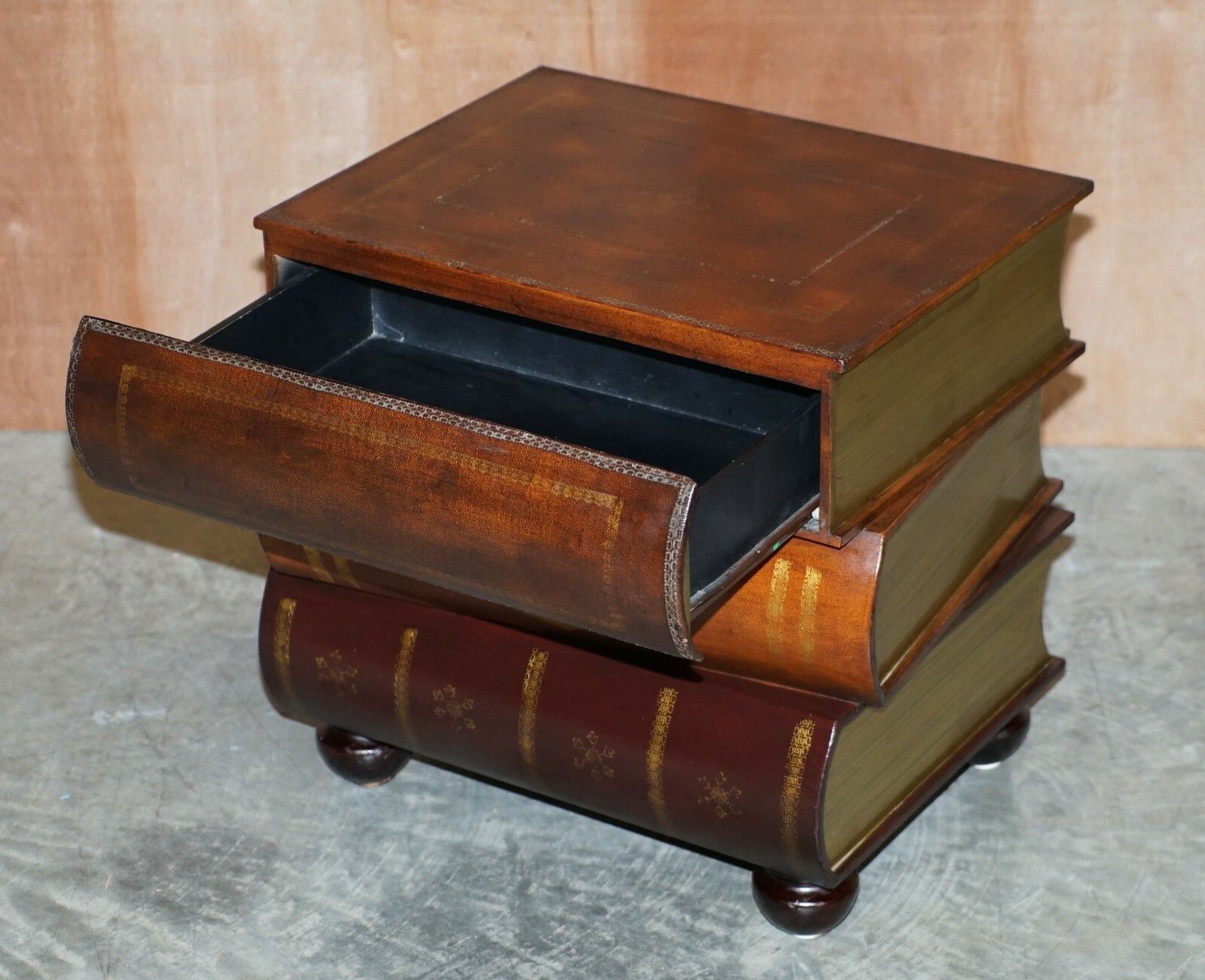 Pair Of Leather Bound Scholars Library Stacking Books Side Tables With Drawers photo buy