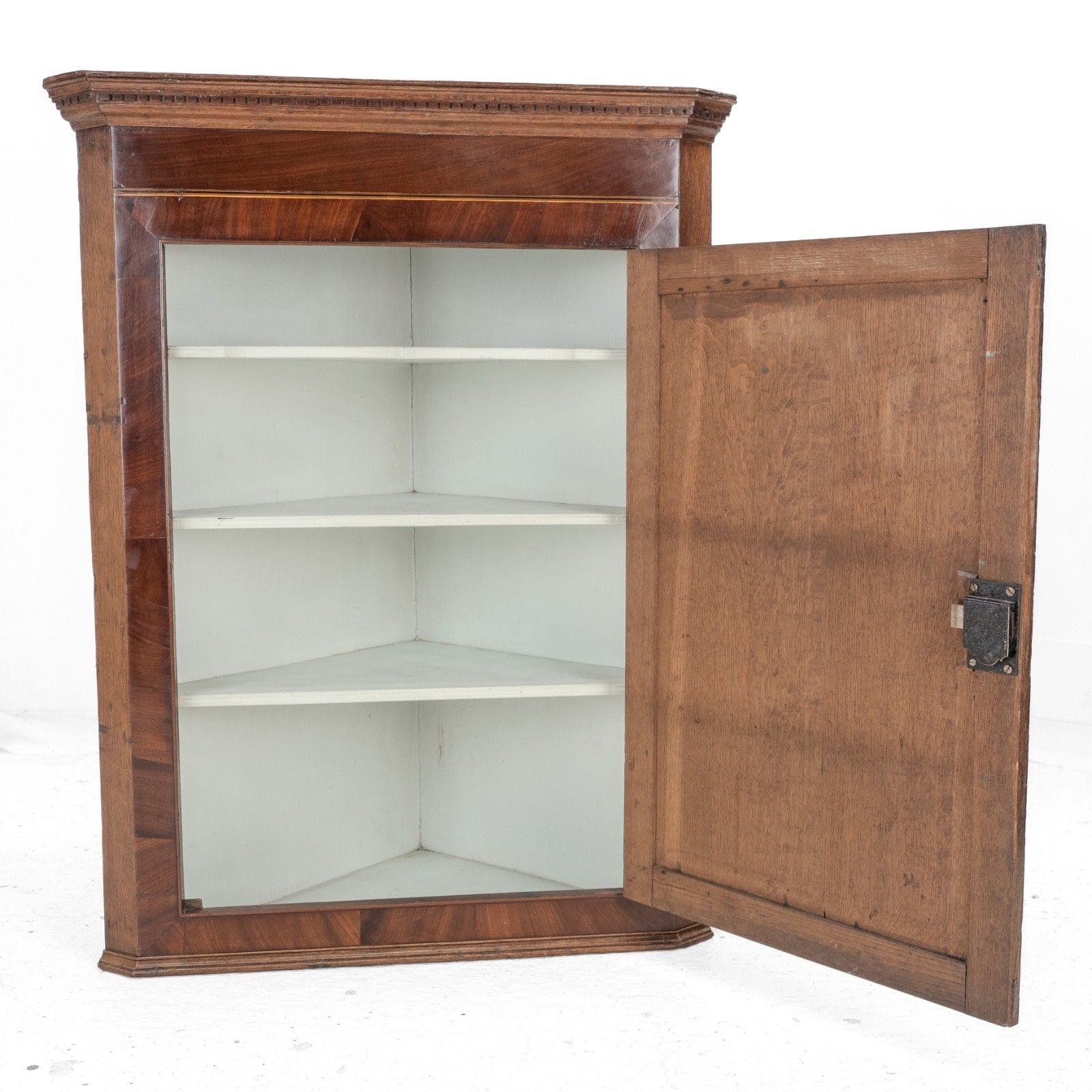 photo vintage George III Oak & Mahogany Crossbanded Inlaid Wall Hanging Corner Cupboard, Late 18 Century Georgian