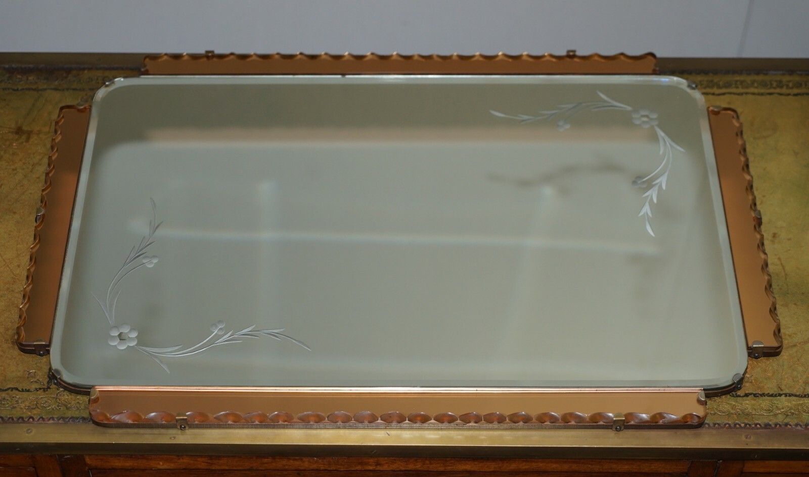 Lovely 1930's Peach French Art Deco Venetian Etched & Engraved Bevelled Mirror photo furniture