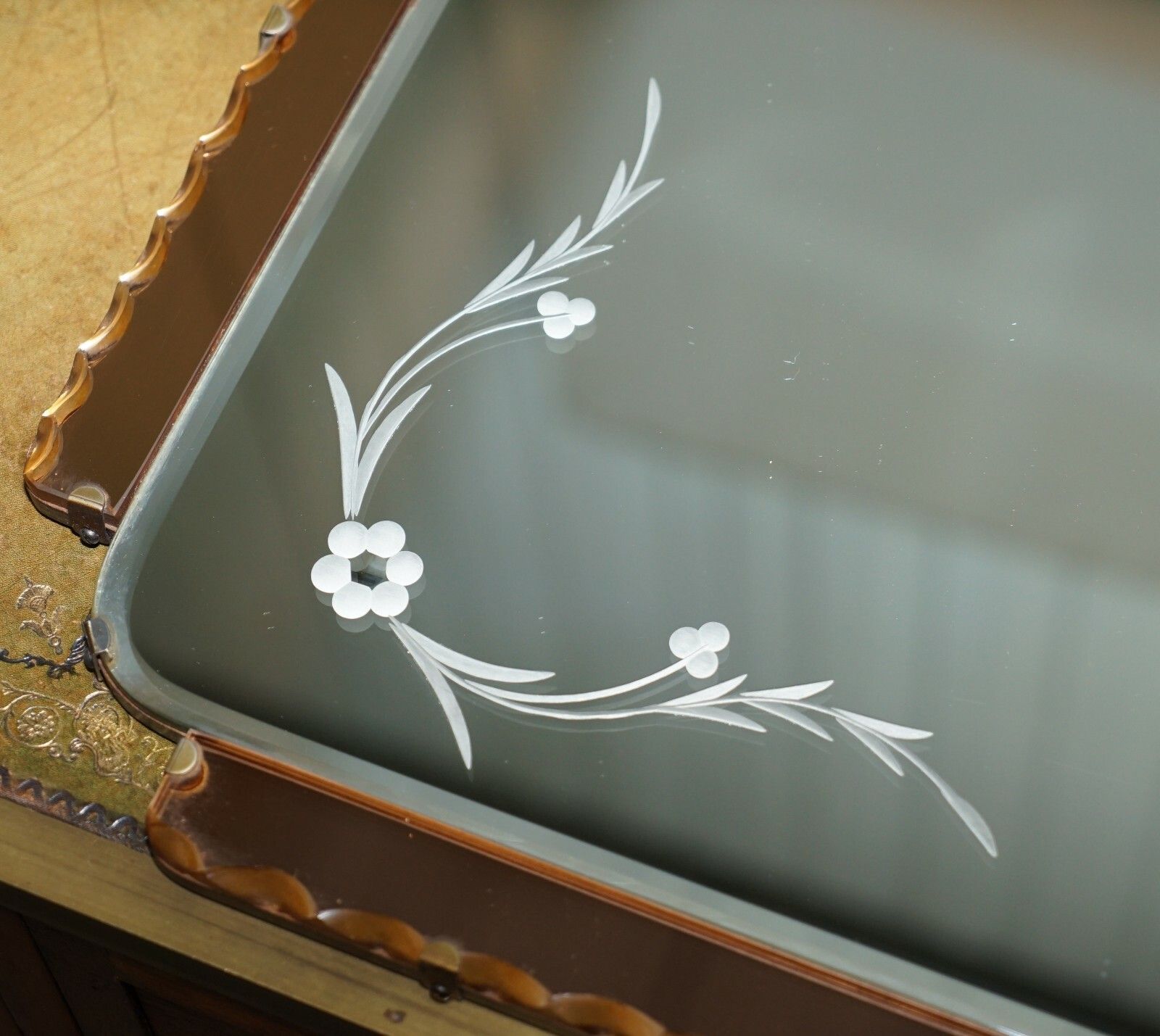 Lovely 1930's Peach French Art Deco Venetian Etched & Engraved Bevelled Mirror photo for sale