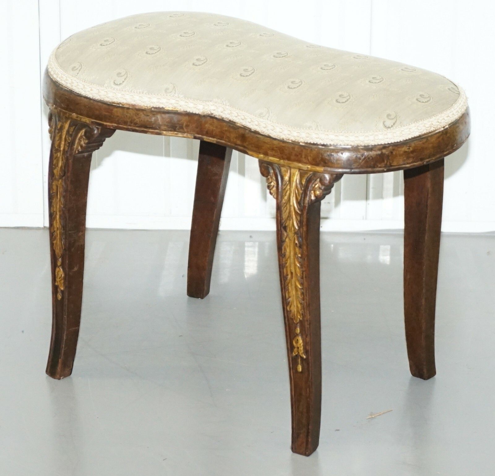 Rare Regency Walnut Giltwood Curved Kidney Saddle Stool Acanthus Leaf Detailing photo furniture
