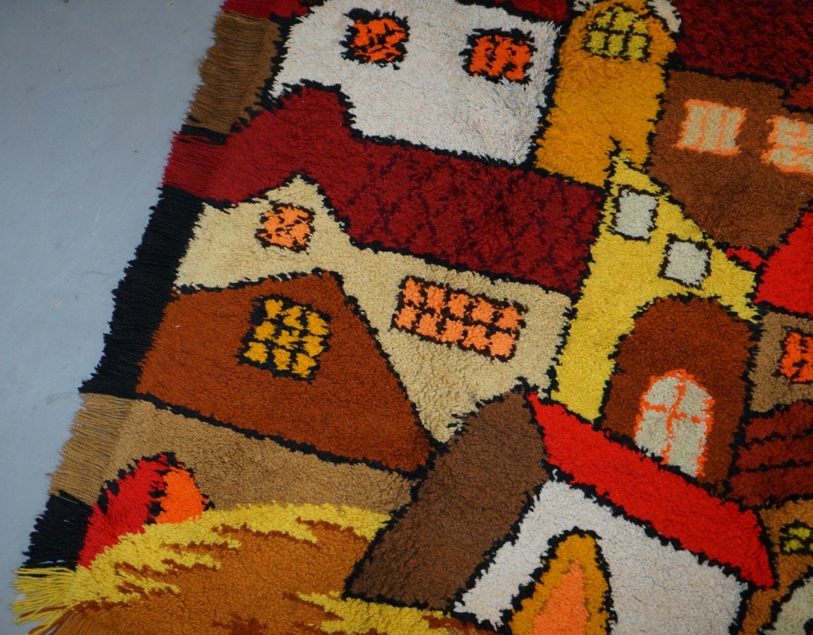 Stunning Large Shag Pile Rug Depicting Houses In The Style Of L.S Lowry photo vinterior