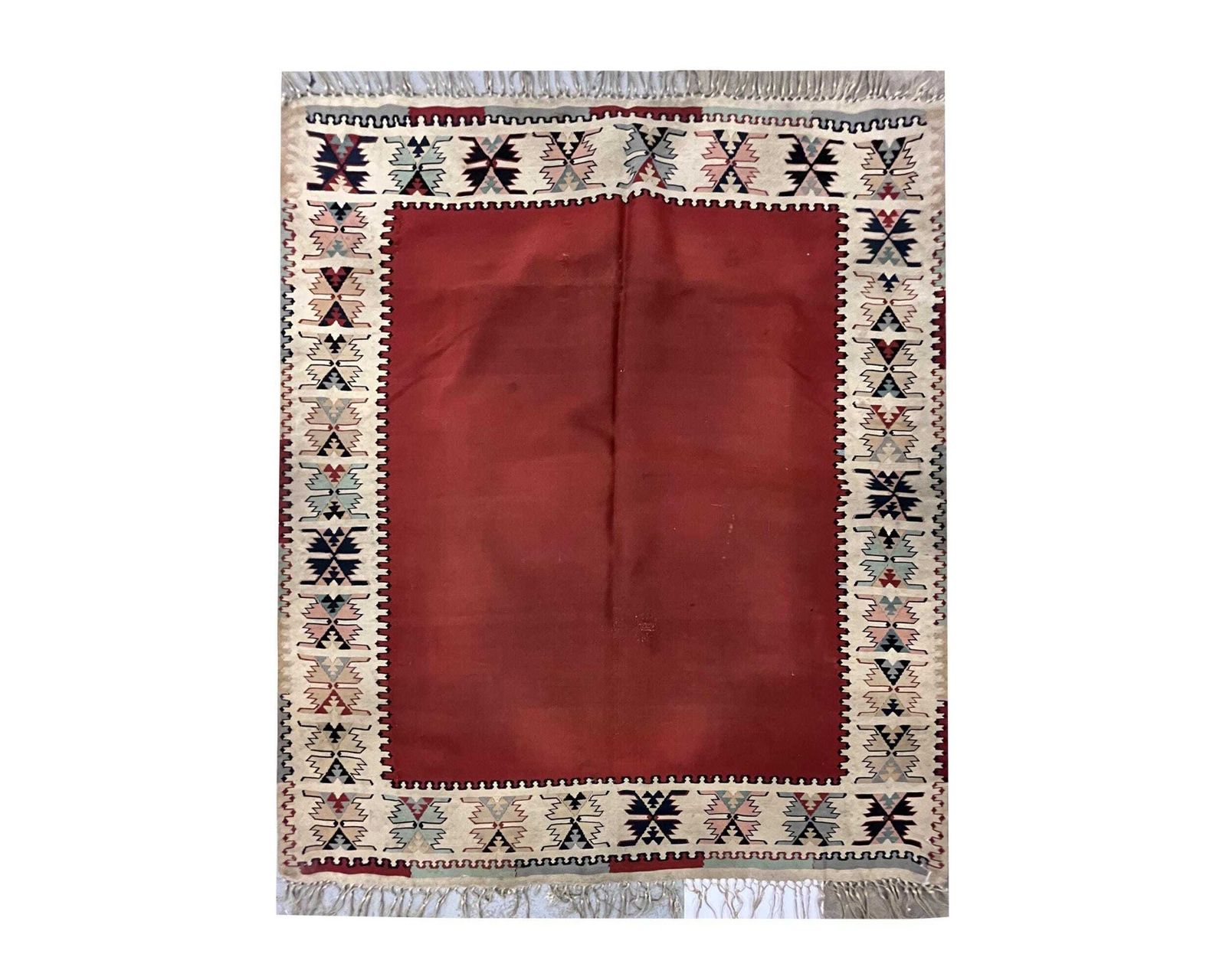 Antique Burgundy Kilim Rug: Square Wool Flatweave Carpet, 1900s