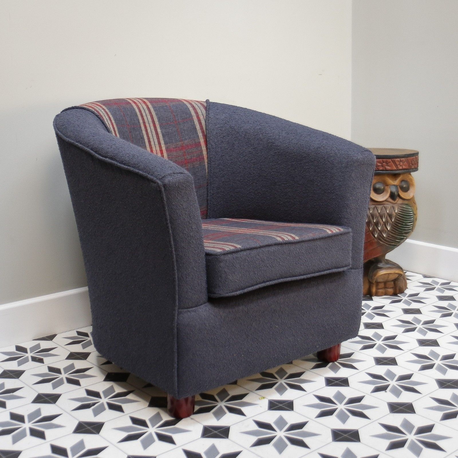 Upholstered Blue And Tartan Tub Chair