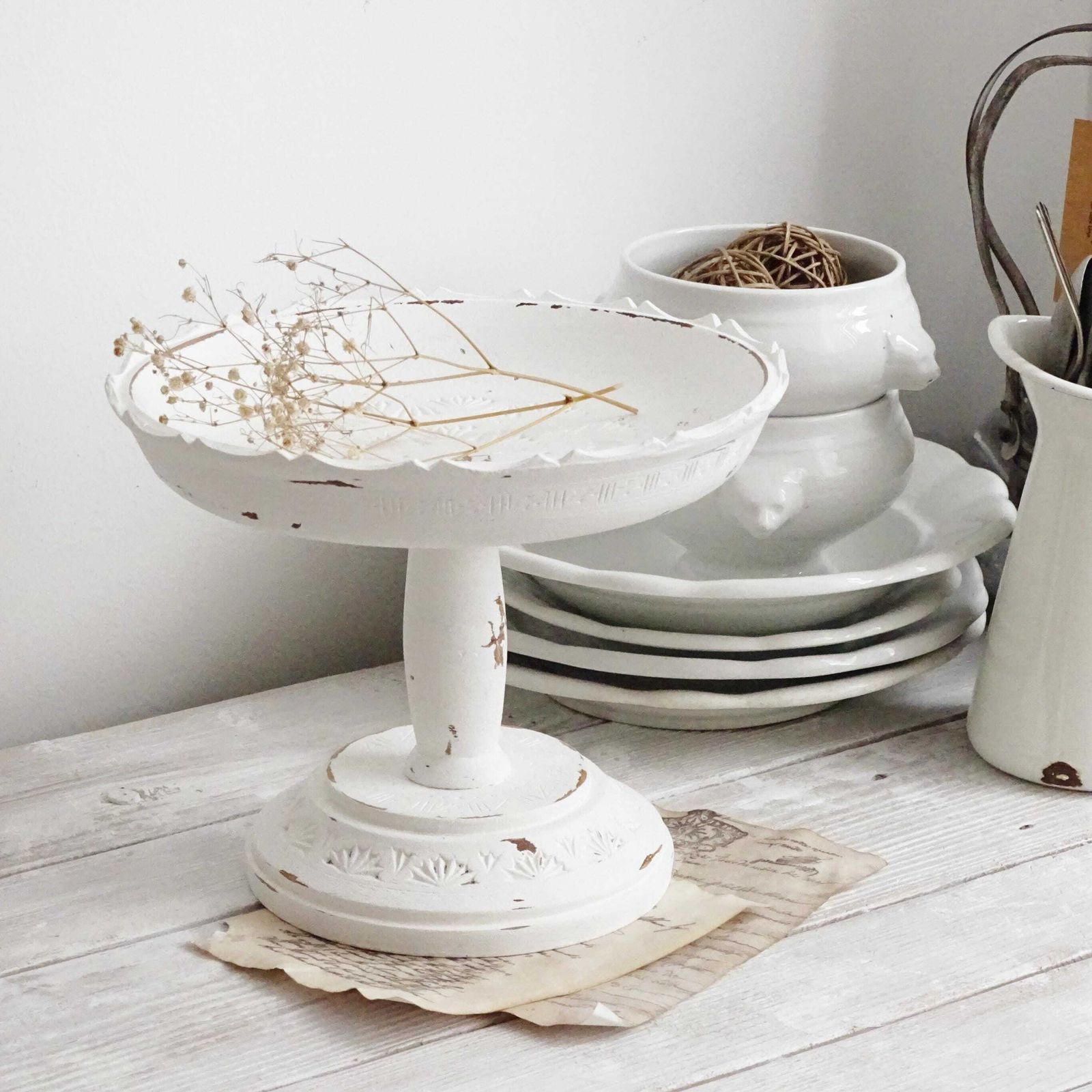 White Wood Cake Stand: Carved Scalloped Pedestal Bowl, 70s Vintage