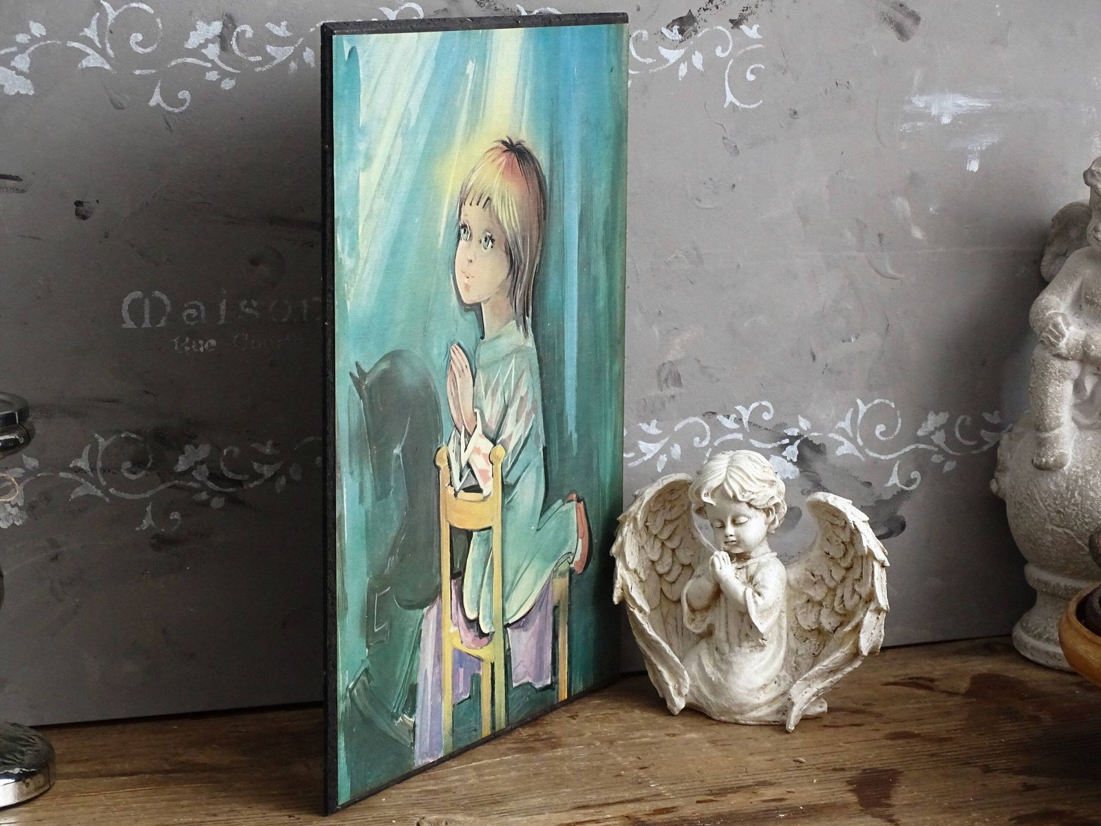 Vintage Oil Painting Child Praying: Retro Nursery Decor photo Art