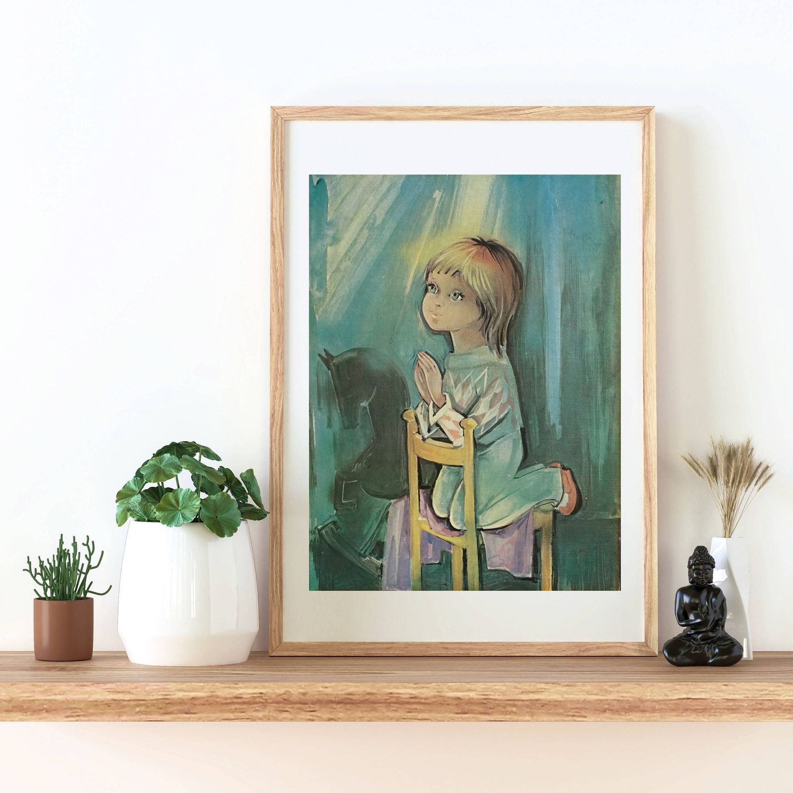 Vintage Oil Painting Child Praying: Retro Nursery Decor photo vintage