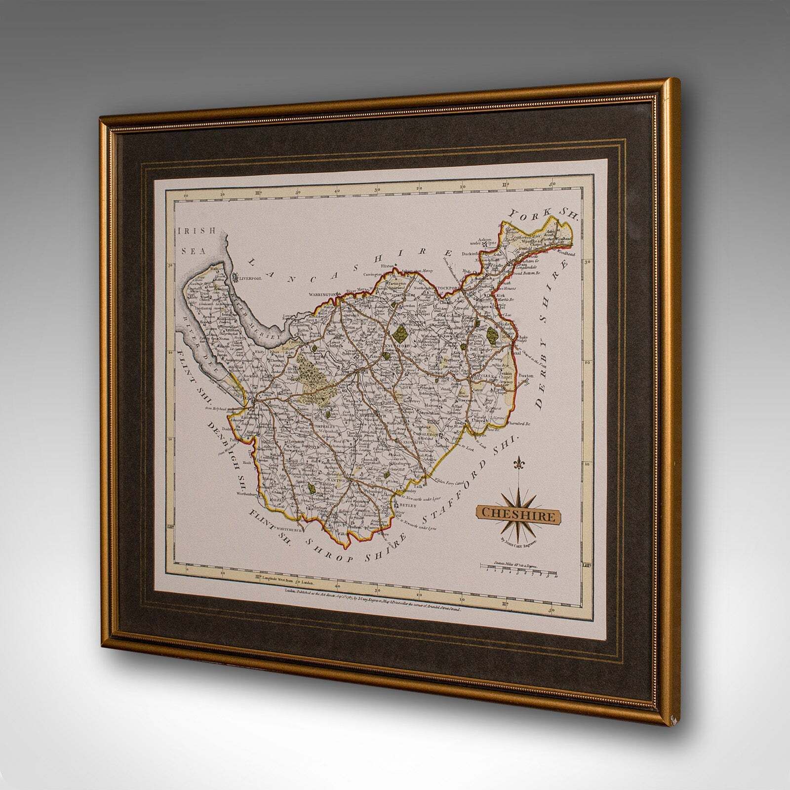 Vintage County Map Of Cheshire, English, After John Cary, Cartography Interest photo for sale