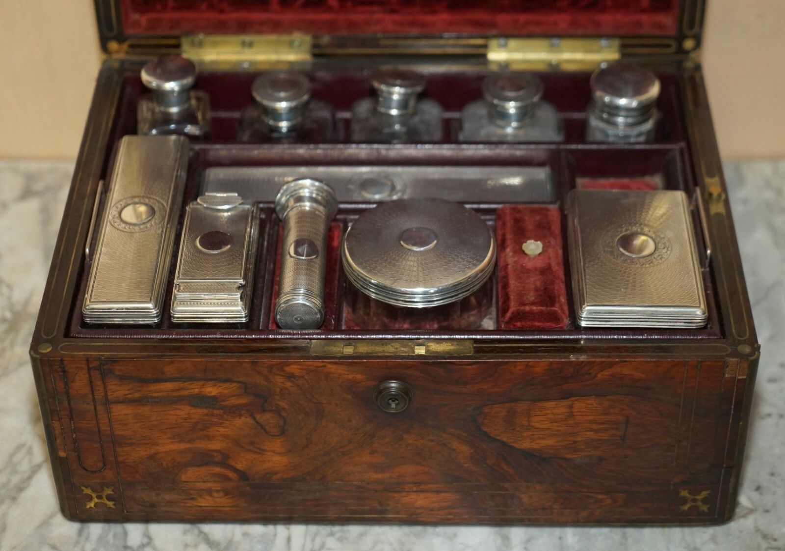For Restoration Antique Rosewood Brass Vanity Box Sterling Silver Pieces Inside photo 1250.0