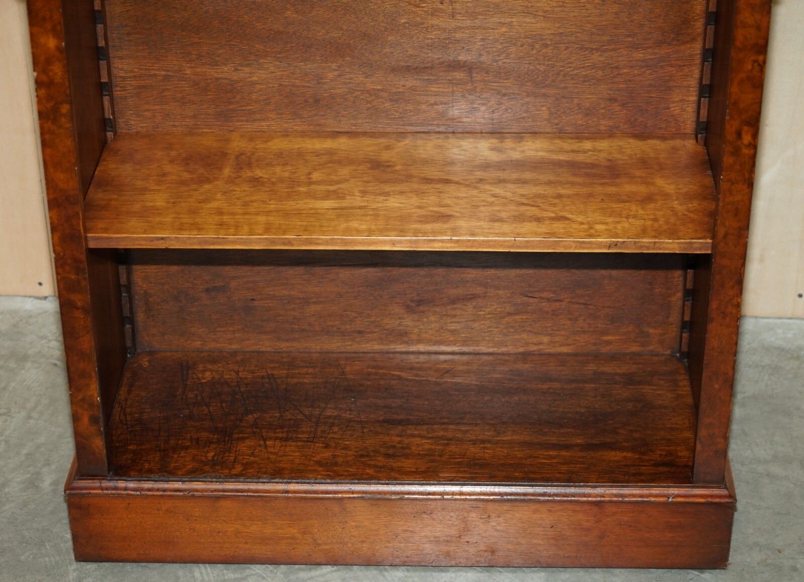 Sheraton Revival Burr Elm Walnut Inlay Dwarf Library Open Bookcase Bookshelf photo vintage