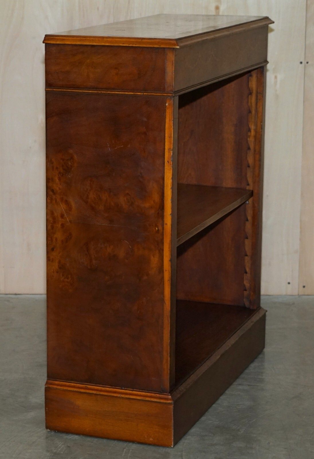 photo for sale Sheraton Revival Burr Elm Walnut Inlay Dwarf Library Open Bookcase Bookshelf